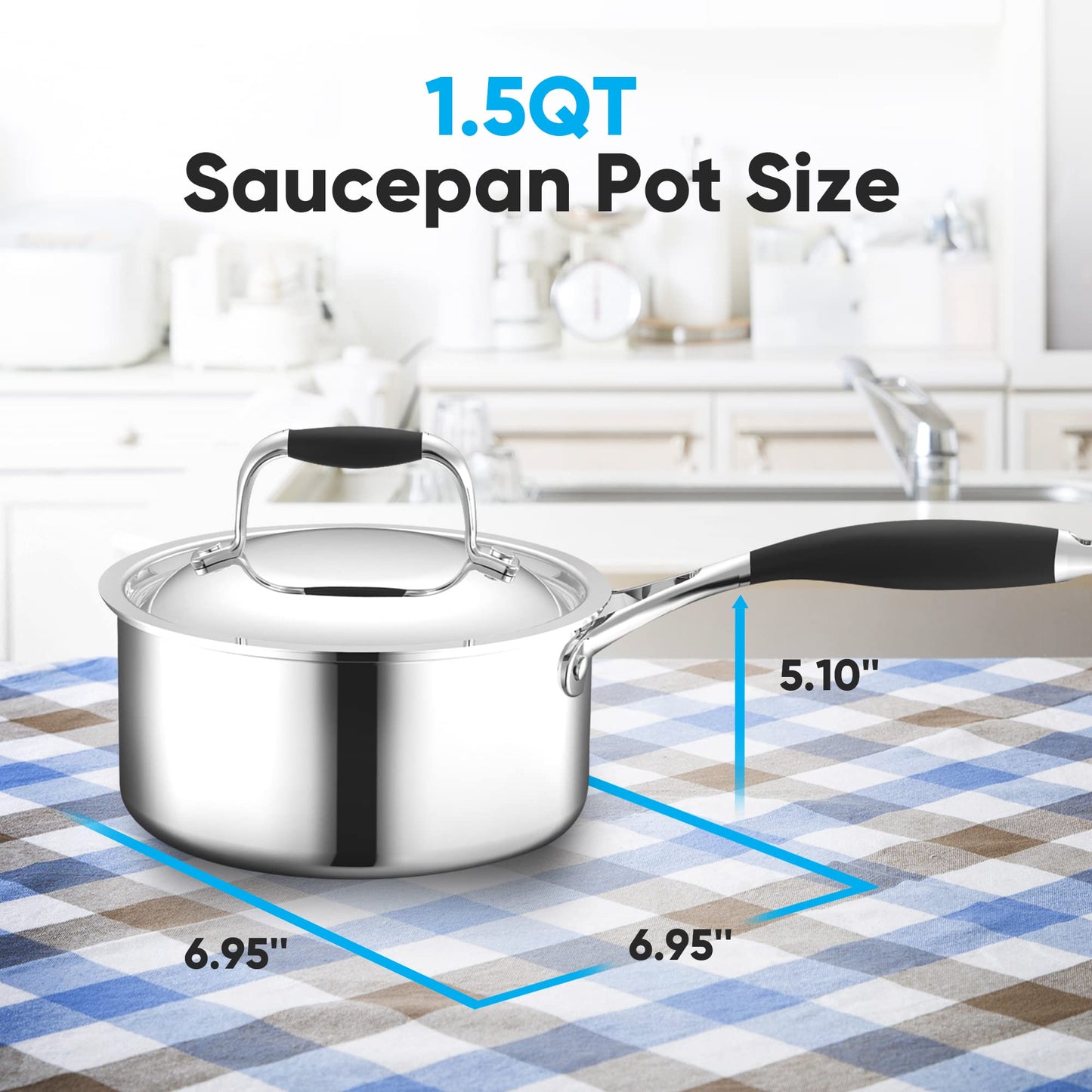 NutriChef 1.5-quart Saucepan with Lid - PFOA/PFOS Free Stainless Steel Stain-Resistant Sauce Pot Kitchen Cookware w/Satin Interior, Polished Exterior, Silicone Wrap Handles - Works w/Model NCSSS12