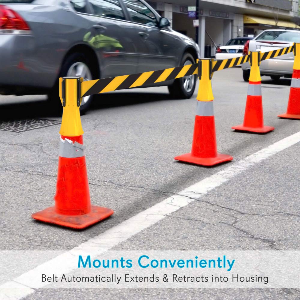 Pyle PCNTP16X4 4-Pc Traffic Cone Emergency Belt - Retractable Traffic Cone Hazard Warning Tape Barrier Belt, High-Visibility w/ Striped Bright Yellow Design, Marine-Grade Waterproof