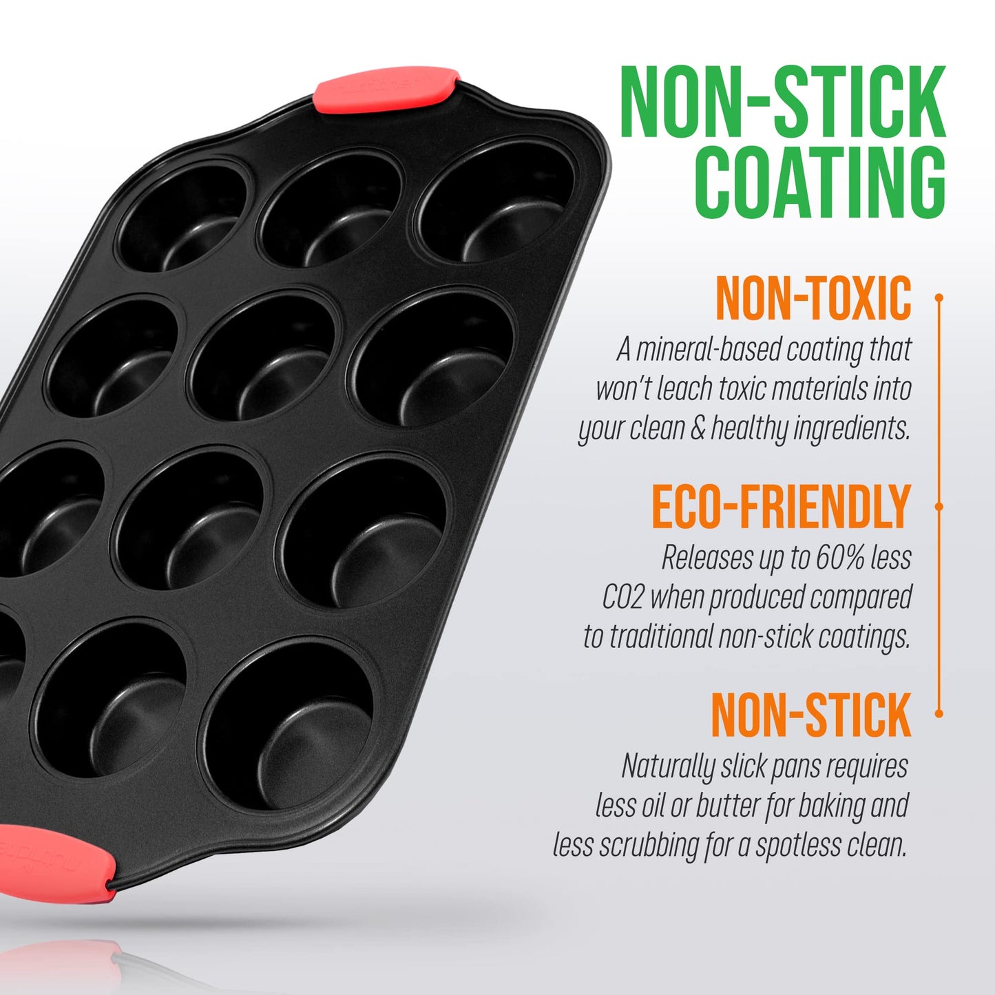 Nutrichef 12 Cup Muffin Pan, Durable and Nonstick Carbon Steel Bake Pan with Silicone Handles, Kitchen Essential Cupcake Pan, Stain Resistant, Easy Clean, PFOA, PFOS, PTFE Free, 16.22'' x 10.43''