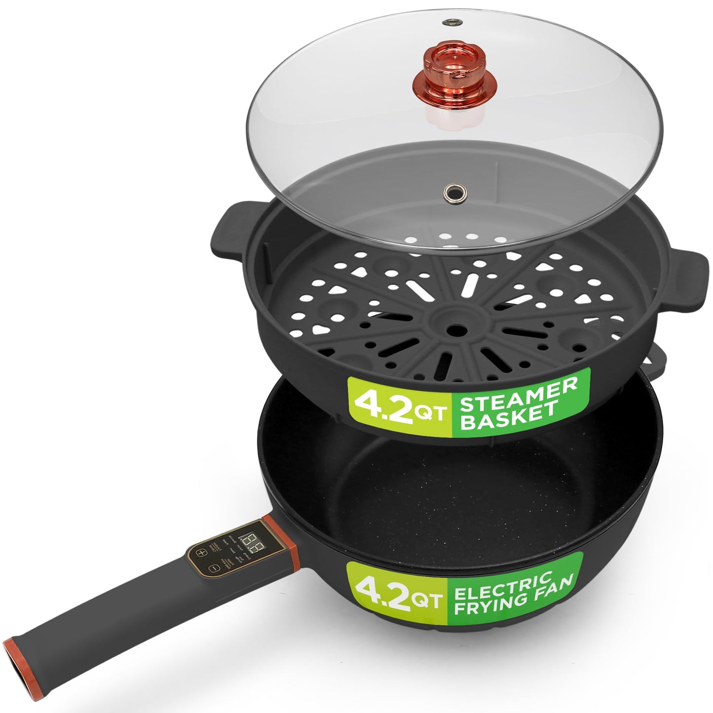 Nutrichef 4L Electric Frying Pan & 4L Steamer | Multifunctional Portable 1000W Non-Stick Pot for Cooking | Durable Heat Safe Handle | Touch Control Panel | Electric Hot Pot | Black