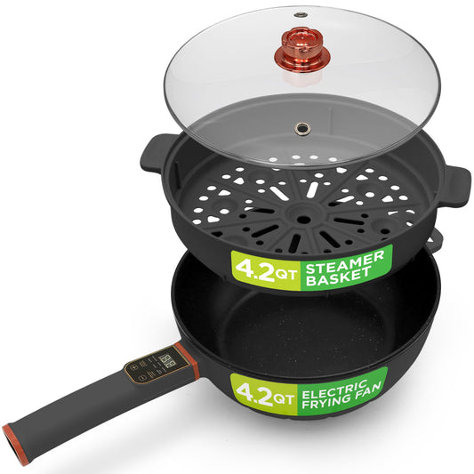 Nutrichef 4L Electric Frying Pan & 4L Steamer | Multifunctional Portable 1000W Non-Stick Pot for Cooking | Durable Heat Safe Handle | Touch Control Panel | Electric Hot Pot | Black