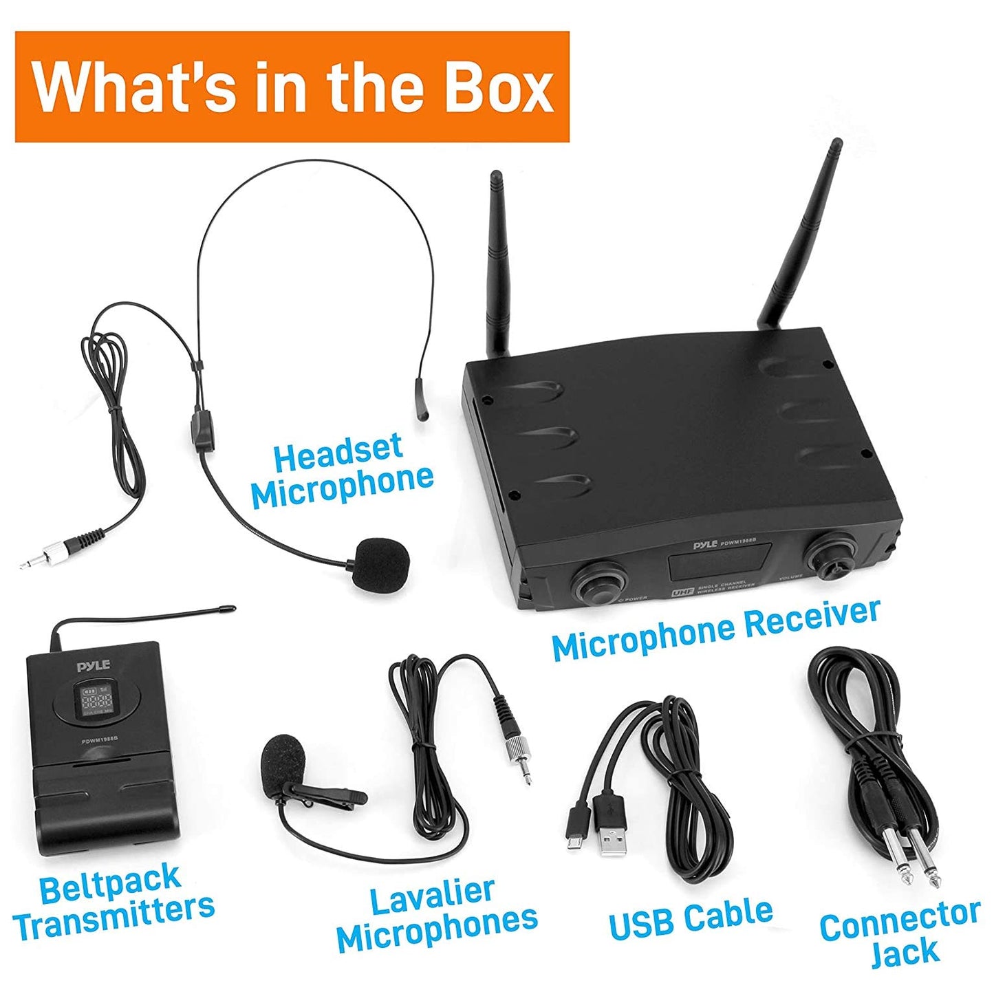 PYLE Compact UHF Wireless Microphone System - Pro Portable 1 Channel Desktop Digital Mic Receiver Set w/ Belt-Pack Transmitter, Receiver, Headset and Lavalier Mics, XLR, For Home, PA PDWM1988B,Black