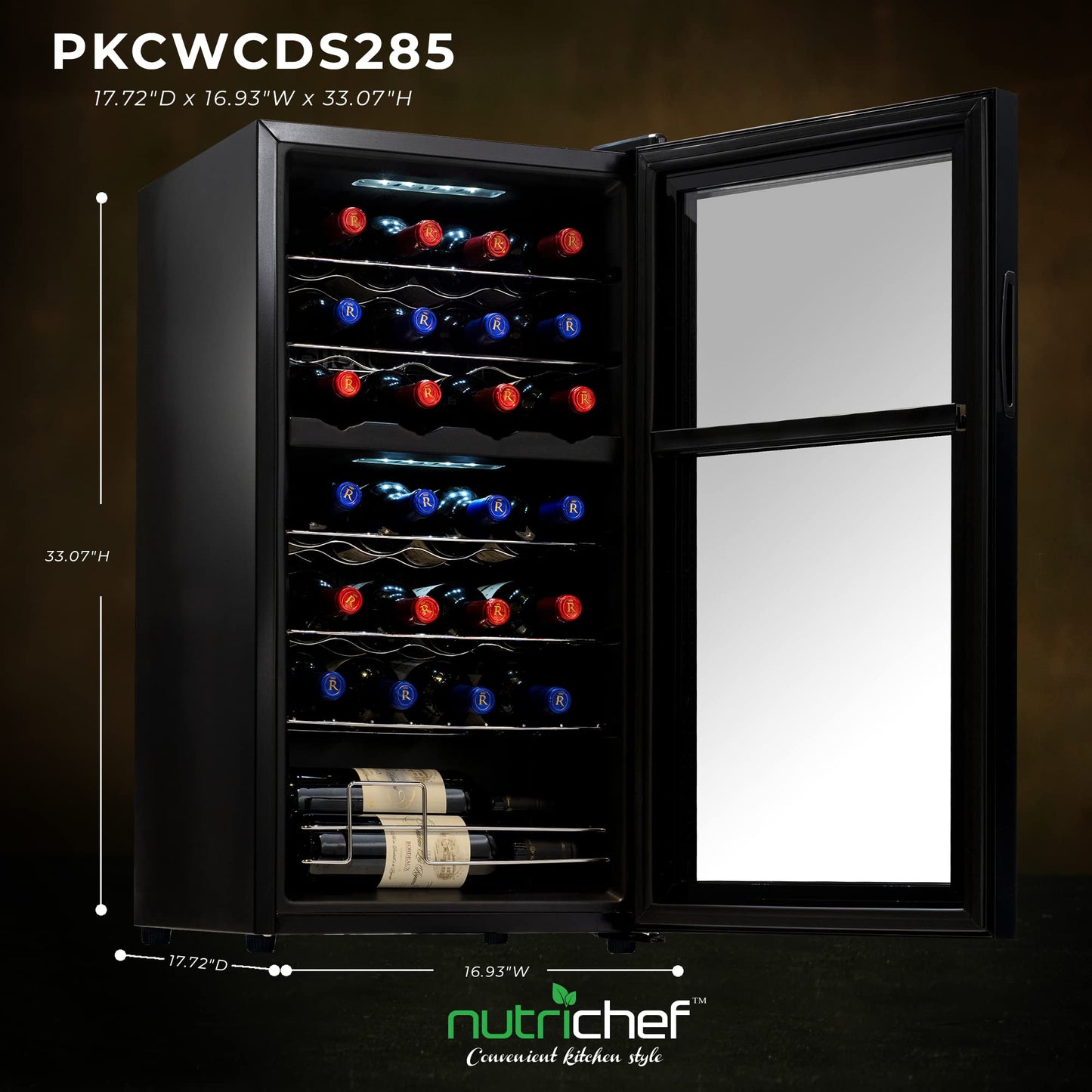 NutriChef PKCWCDS285 28 Bottle Fridge | Dual Zone Chiller | Adjustable Temperature 41°F to 64°F | Ultra Quiet Operation | Wine Cooler for Home, & Office | Free Standing 33x16x17 in (Black)
