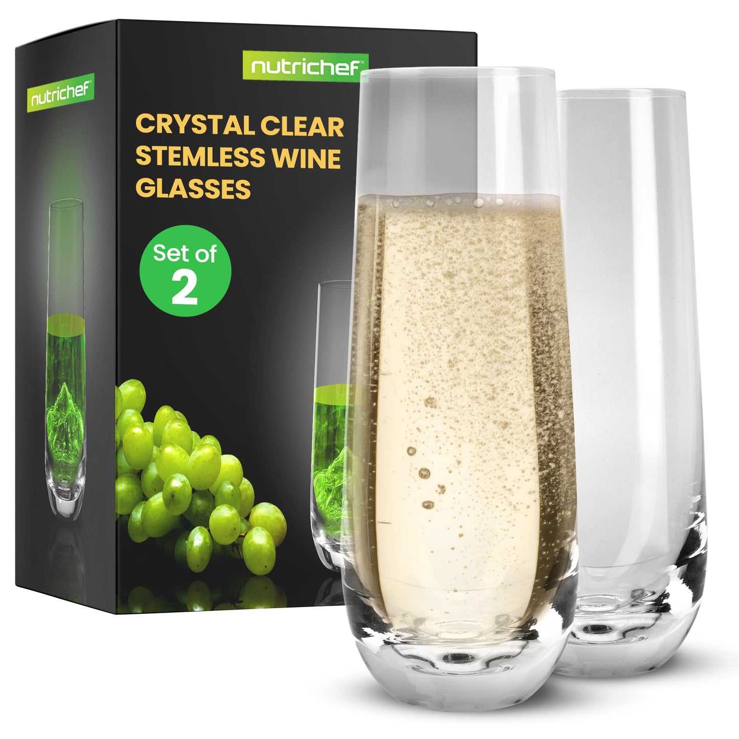 NutriChef 2-Piece Stemless Champagne Flutes Set - 6.4" Tall Crystal Glasses with Thick Heavy Base - Prosecco Wine Flute, Highball Glass, Mimosa Cocktail Glass Set, Bar Glassware - Dishwasher Safe