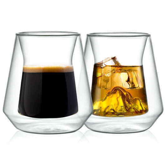NutriChef Double Wall Insulated Glasses - 2pcs 8 oz High Borosilicate Glass Sweat Free Mugs Clear Drinkware for Hot/Cold Drinks, Coffee, Espresso, Cappuccino, Latte, Tea, Microwavable, Dishwasher Safe