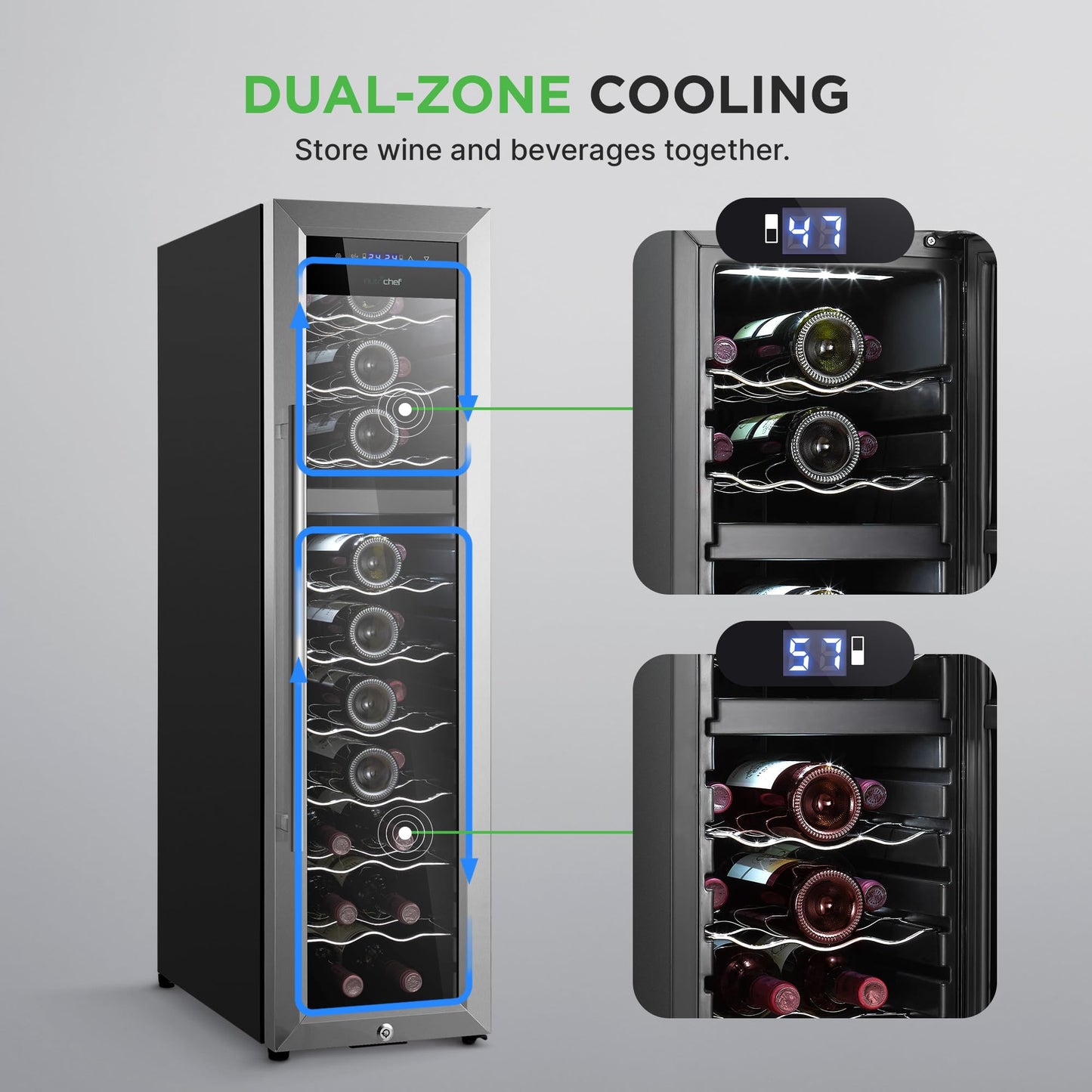 NutriChef PKCWCDS278 27 Bottle Fridge | Dual Zone Chiller | Adjustable Temperature 41°F to 64°F | Ultra Quiet Operation | Wine Cooler for Home, & Office | Free Standing 43x11x23 in (Black)