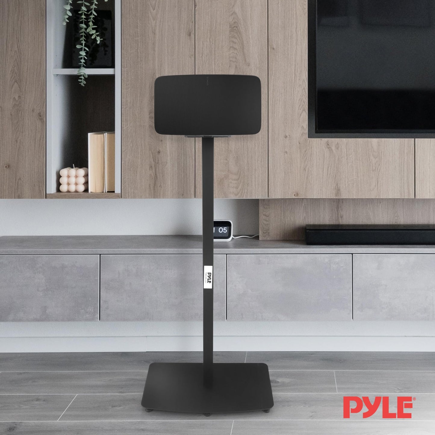 Pyle Sonos Speaker Mount Stand - Reinforced Steel 2nd Gen Play 5 Sonos Speaker Holder w/ 14.3 x 6.5 Inch Speaker Tray, Heavy Duty 14.5” x 9.4” Base, Powder Coat Finish - Pyle PSTNDSON17, Black