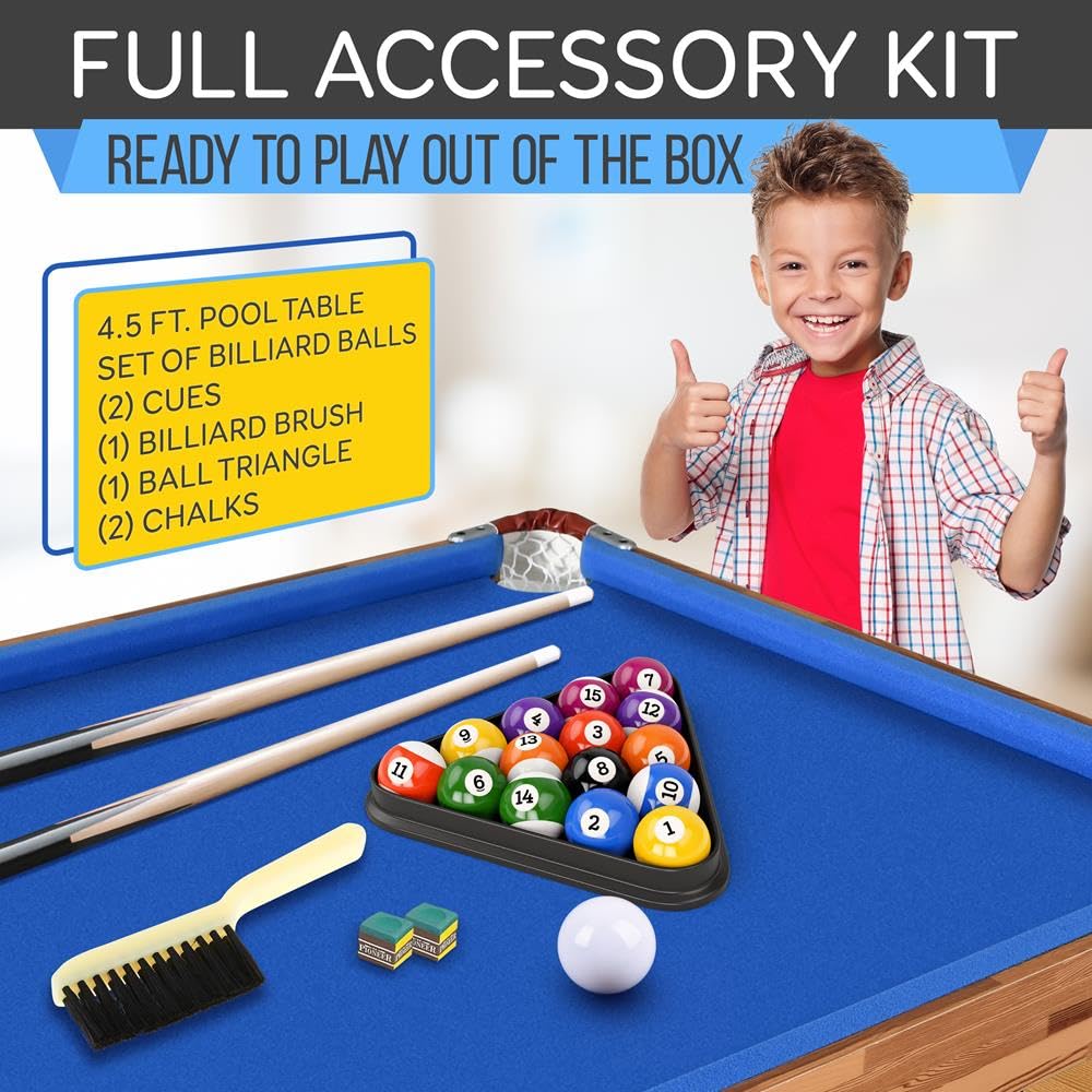 SereneLife 4.5ft Folding Pool Table, 55in Portable Foldable Billiards Game Table for Kids and Adults with Accessories, Indoor and Outdoor Games with Sticks, Cue, Balls and Triangle, Blue