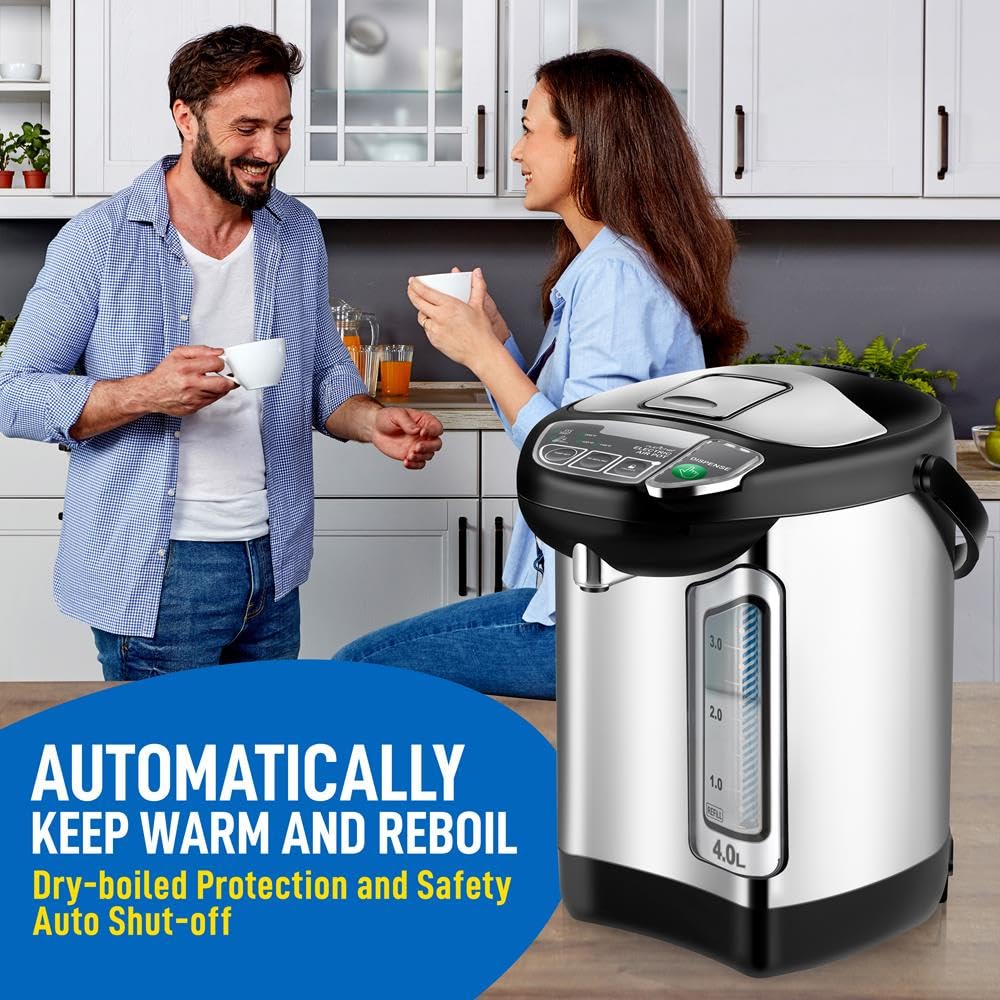NutriChef Electric Water Boiler and Warmer - 4L/4.2Qt Stainless Steel Electric Hot Water Dispenser w/Rotating Base, Auto Shut Off, Safety Lock, Instant Heating for Coffee & Tea (NCHUB24)