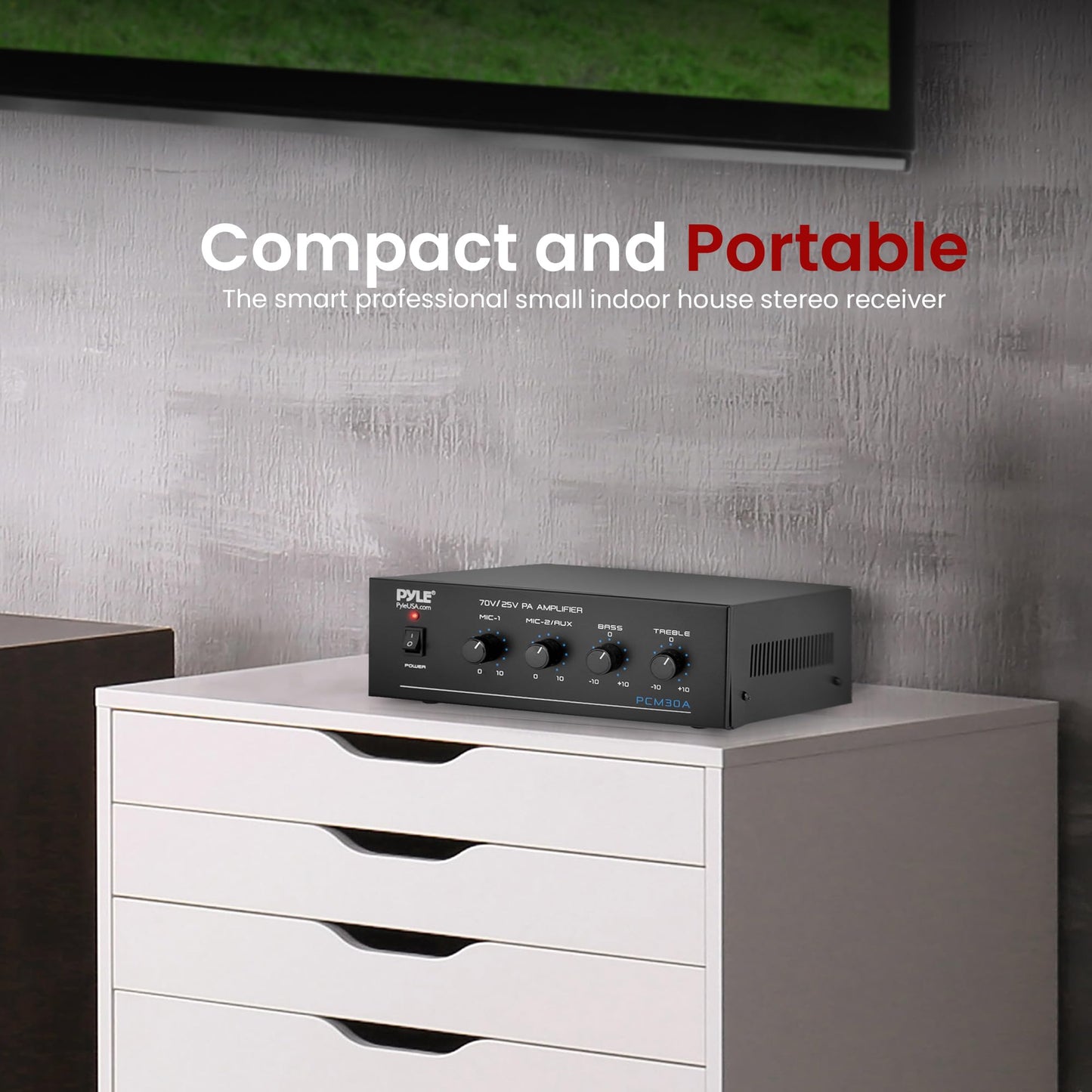 Pyle 60W Compact Mini Home Power Amplifier - Bluetooth 5.0 Stereo Receiver with RCA - 2 Mic Inputs - 25/70V Outputs - LED Indicator - Tone Control - Input Selector - For PA and Speaker System - PCM30A