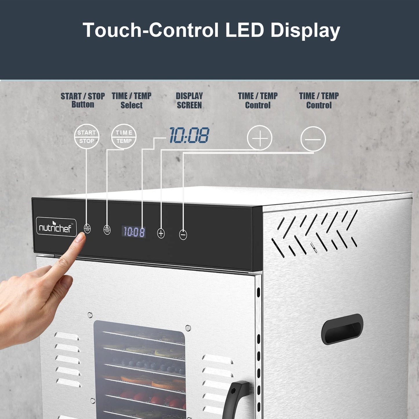 NutriChef Commercial Electric Food Dehydrator Machine - 16 Shelf Extra Large Capacity - Stainless Steel Trays - 1500-Watts, Digital Timer & Temperature Control - 18.58 x 19.10 x 24.88 IN