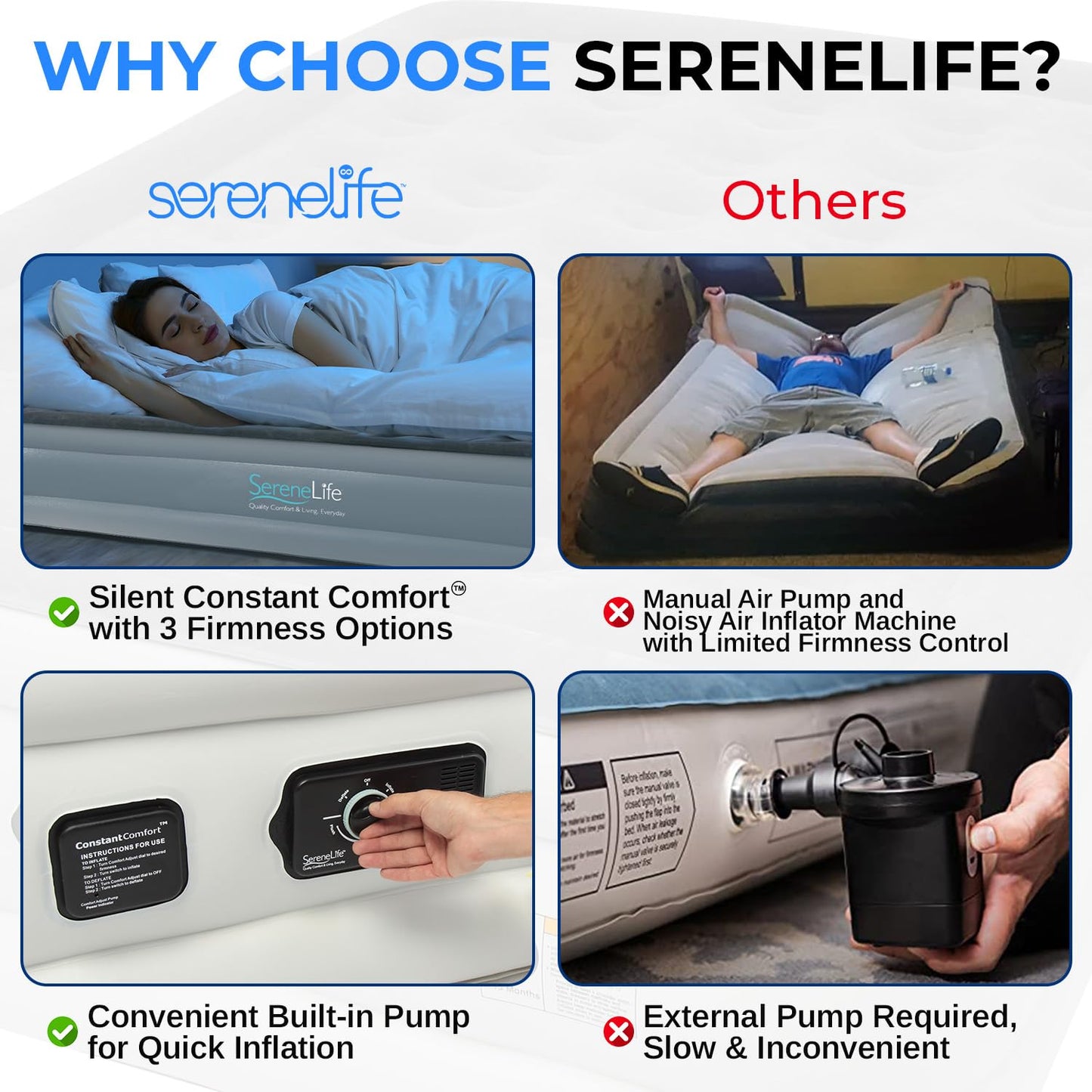 SereneLife Twin Air Mattress with Built in ComfortCoil Technology & Internal High Capacity Pump | Elevated Raised Air Mattress Quilt Top | 1-Year Guarantee, Gray