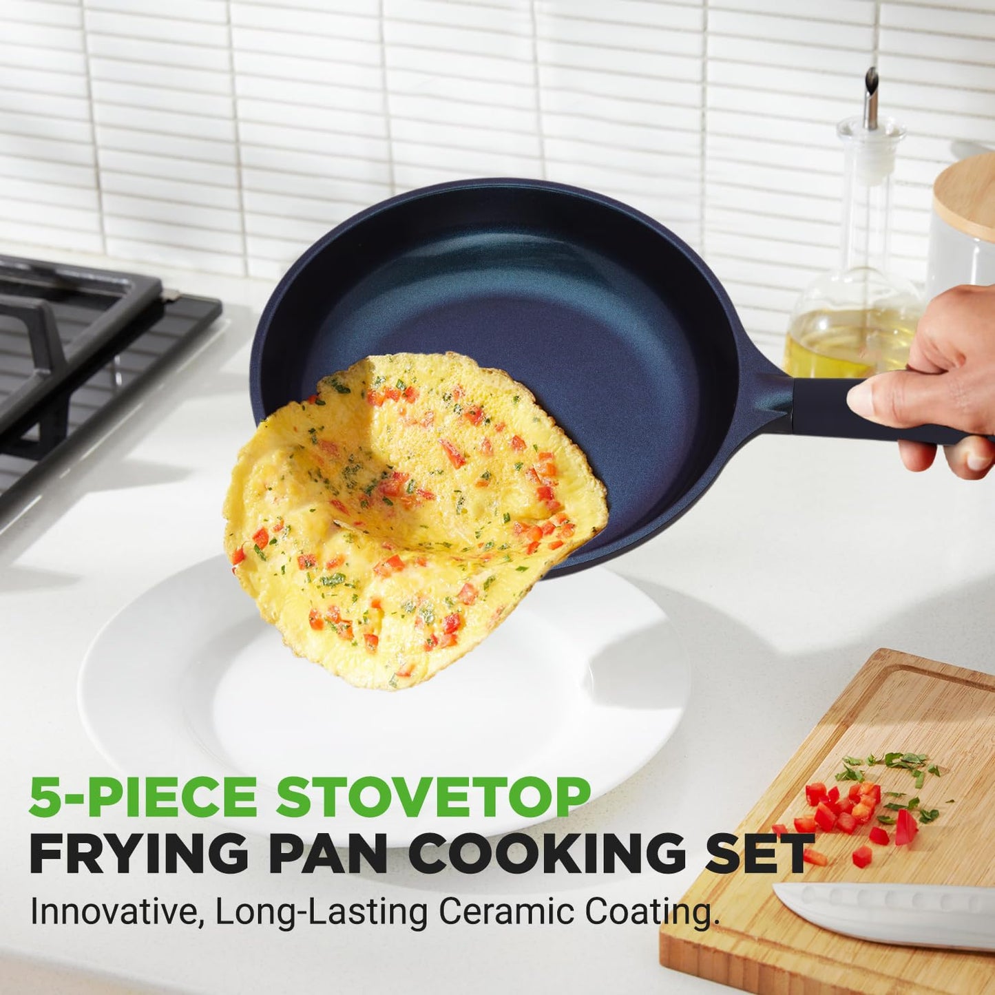 NutriChef 5-Piece Frying Pan Cooking Set, Non-Stick Ceramic Pan Set with Grill Pan and Wok, Stain-Resistant Frying Pans With Cool-Touch Handles, Tempered Glass Lid, PTFE/PFOA/PFOS Free (Blue)