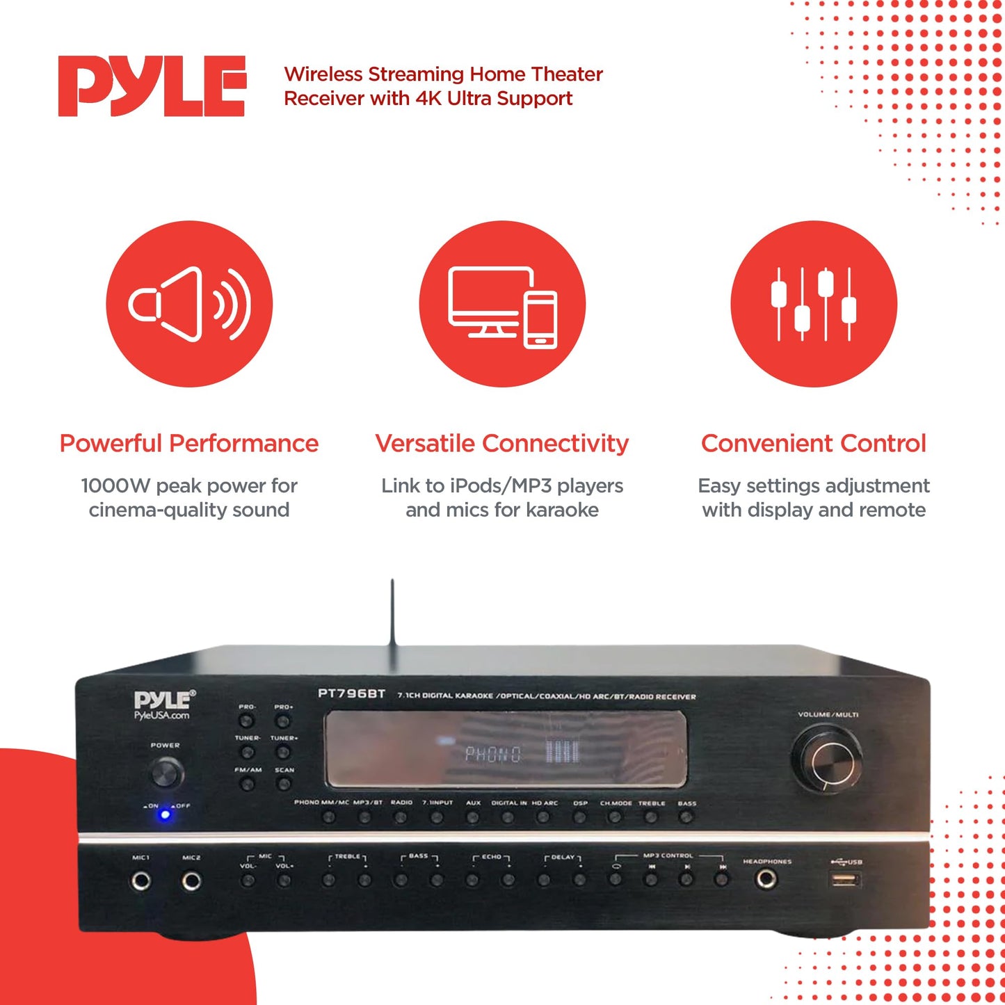 Pyle 2000W 7.1-Channel Hi-Fi Bluetooth 5.0 Stereo Amplifier - AV Home Theater Receiver with Radio - USB - RCA - HDMI - MIC IN - 4K UHD TV & 3D Blu-Ray Support - Surround Sound - Subwoofer - PT796BT