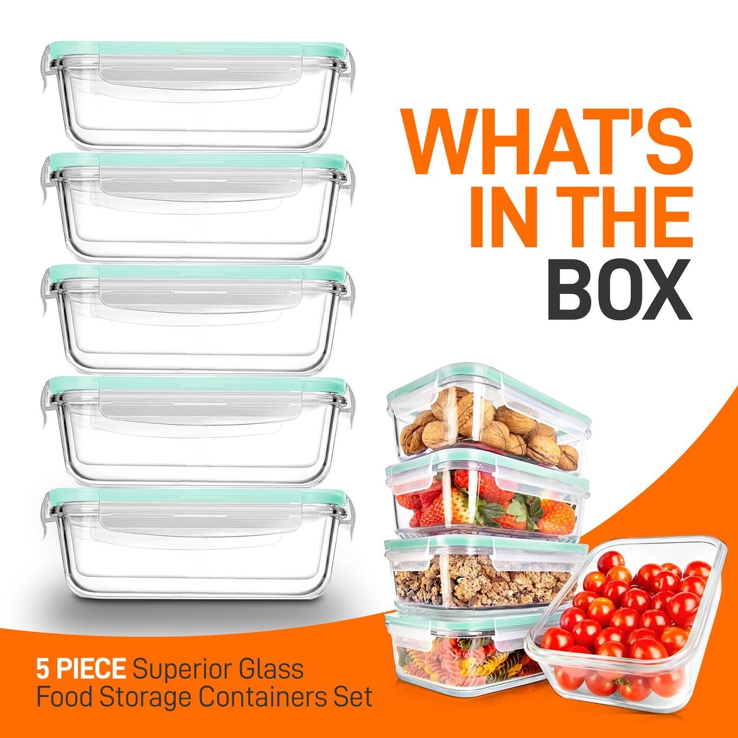 NutriChef 10-Piece Superior Glass Food Storage Containers Set (5 Containers + 5 Locking Lids),Stackable Meal-prep Design, BPA-free Airtight Clear Locking lids with Vent Lids & Air Hole, Green