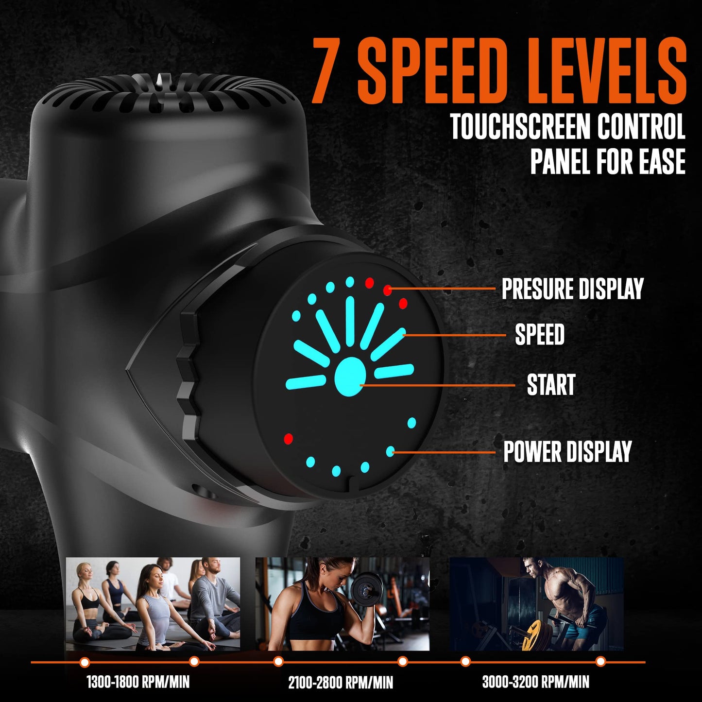 SQUATZ Touchscreen Portable Electric Massage Gun, 7 Speed Levels and 8 Massage Heads with a 4800mah Lithium Battery, High Power and Low Noise Handheld Deep Tissue Massager