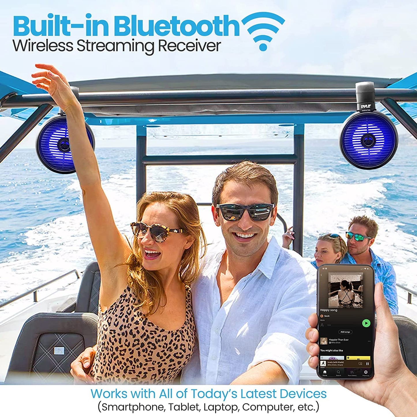 Bluetooth Waterproof Off-Road Speakers - 6.5” 200W 2-Way Marine Wakeboard Tower Sound System w/LED Light, Full Range Outdoor Stereo Speaker for Car ATV UTV, Jeep, Boat, Includes Brackets (Black)