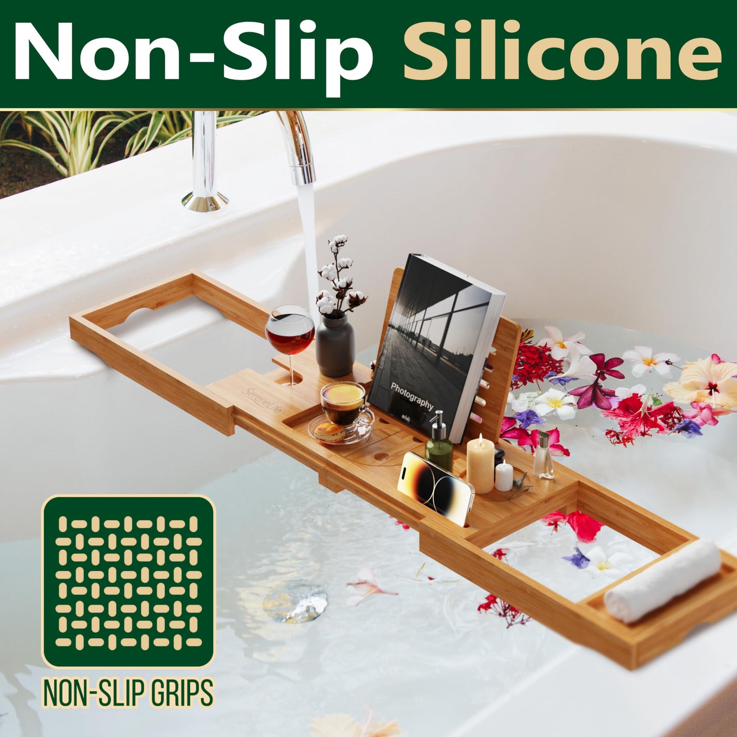 SereneLife Bamboo Bath Caddy with Fold and Lock Design - 30” to 43” Expandable Bathtub Tray, Easy Storage Folding Hinges