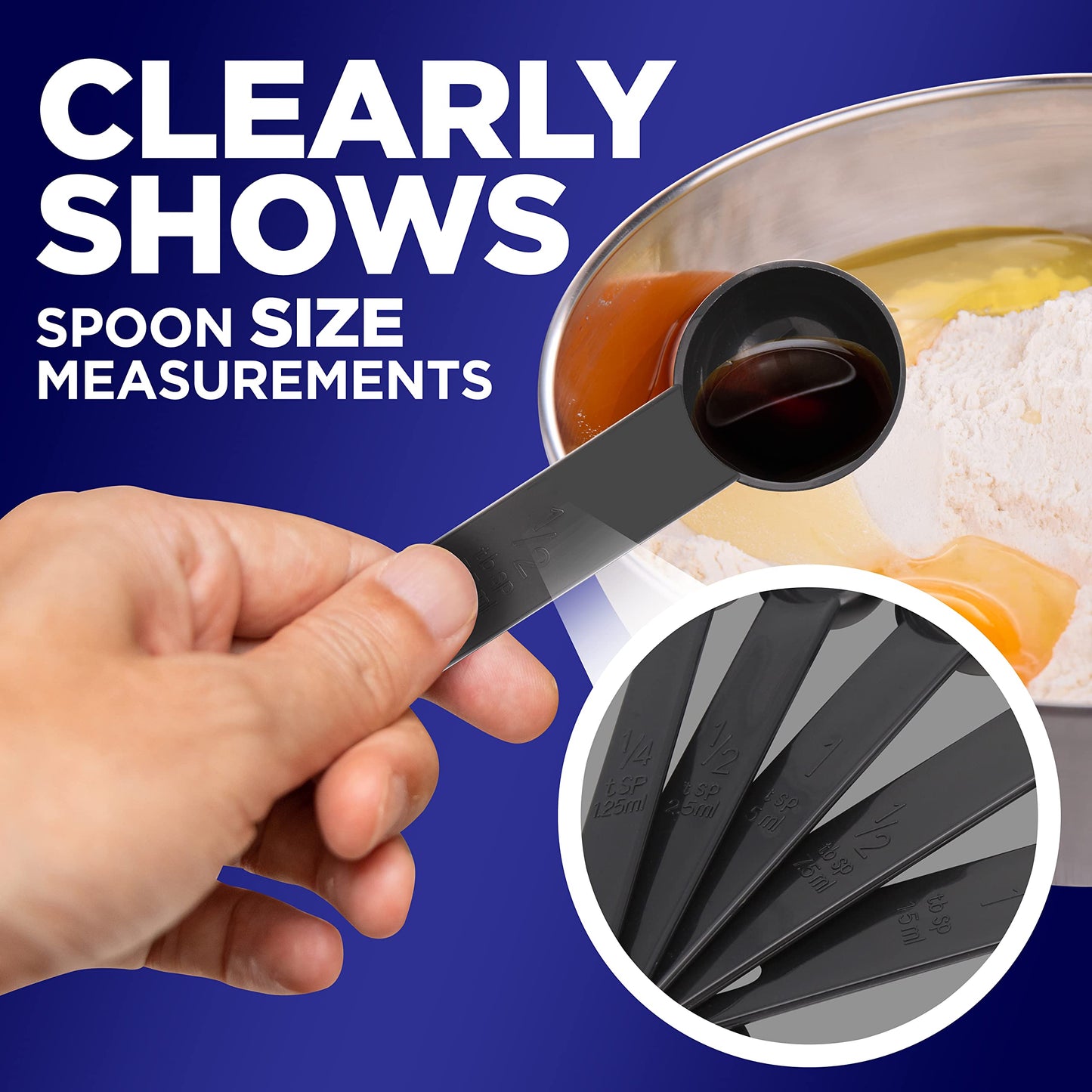NutriChef 5-Piece Plastic Measuring Spoons Set - Heavy Duty Round Shaped Classic Kitchen Measuring Spoon for Dry or Liquid Ingredients, Teaspoon and Tablespoon Set w/ Metric & US Measurement NCMMS5
