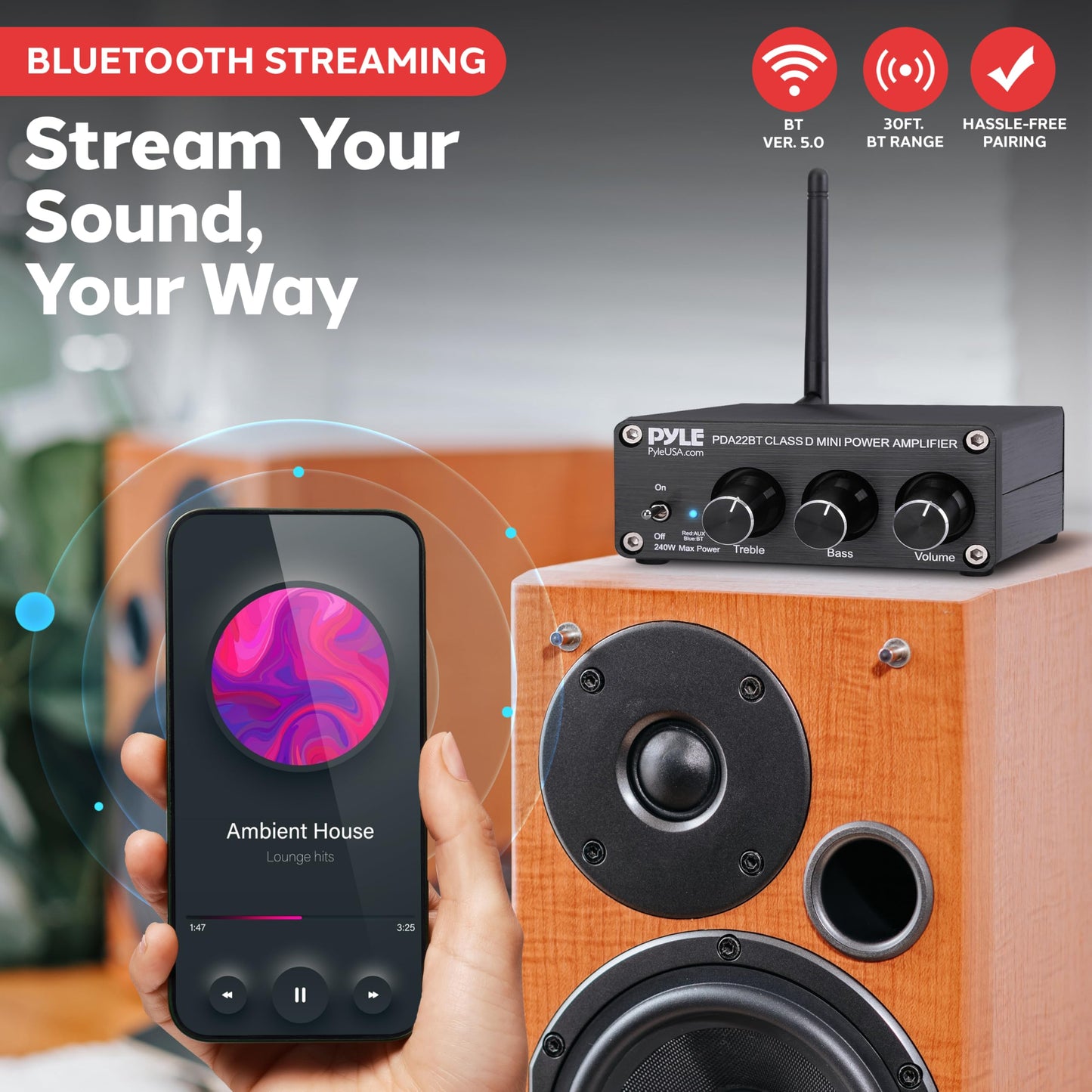 Pyle 200W Bluetooth 5.0 Portable Home Stereo Amplifier - 2 Channel Compact Wireless Mini Receiver with Bass & Treble Control - for Indoor - Outdoor - Garage - Desktop - Portable Speaker - PDA22BT