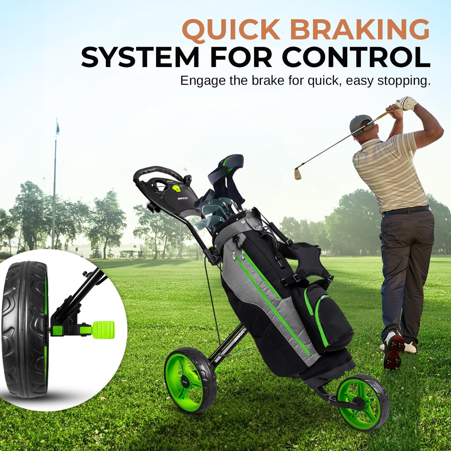 JOVIAL 3 Wheel Golf Push Pull Cart - Lightweight, Foldable, Collapsible, Caddy Accessories, Golf Bag Storage with Deluxe Scorecard Holder, Adjustable Handle, Aluminium Frame, Compact Design for Travel