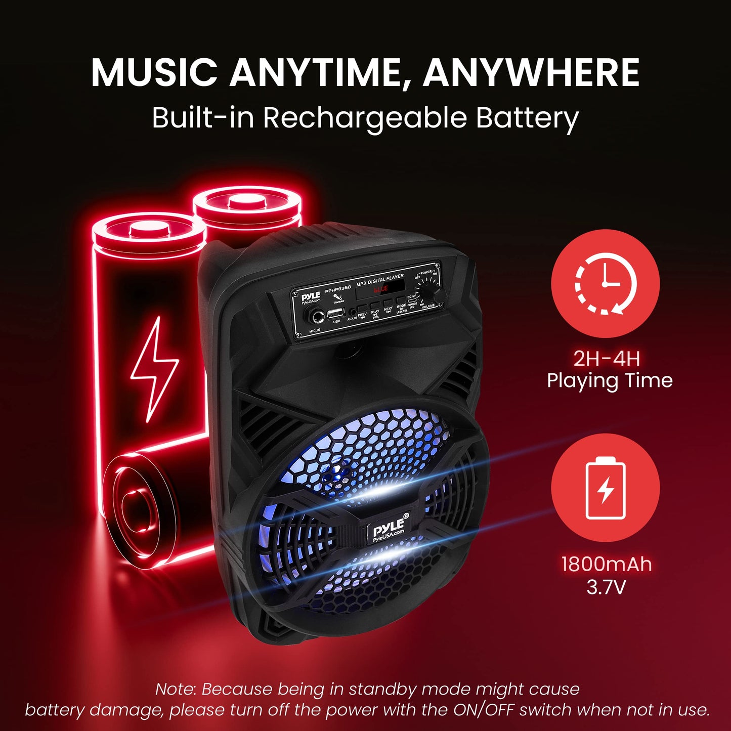 Portable Bluetooth PA Speaker System - 300W Rechargeable Indoor/Outdoor Bluetooth Portable PA System w/ 8” Subwoofer 1” Tweeter, Microphone In, Party Lights, MP3/USB, Radio, Remote - Pyle PPHP836B