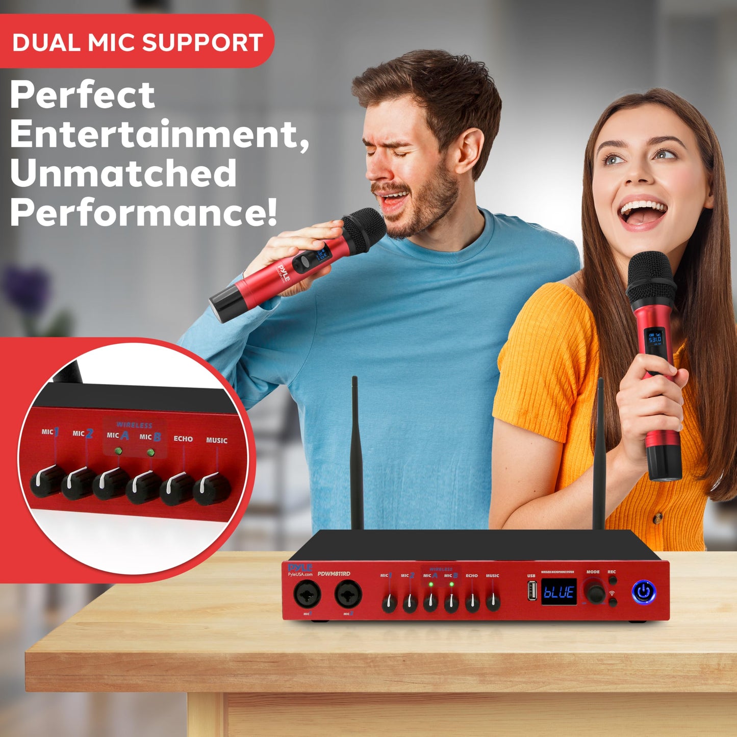Pyle UHF Wireless Microphone System, Bluetooth, Handheld Mics, Receiver Base, Selectable Frequency, Karaoke, Professional Use, Battery Operated, 165 ft Range, Echo Control, Includes Cables