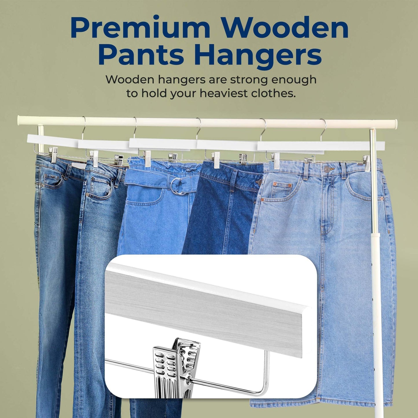 SereneLife 20 Pack Wooden Pants Hangers with Clips – White 14"x0.5"x6.7", Heavy Duty Skirt Hangers with Adjustable Non-Slip Steel Clips & 360° Swivel Hook for Jeans Slacks Shorts