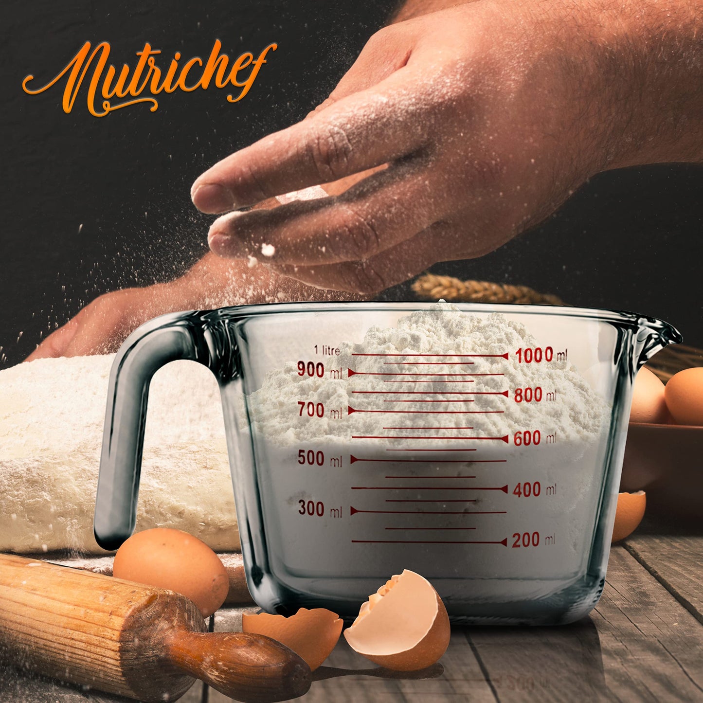 NutriChef High Borosilicate Glass Measuring Cup with Customized Decal Scale,1000 ml., Safe to Use in Microwave and Freezer, Oven and Dishwasher Safe