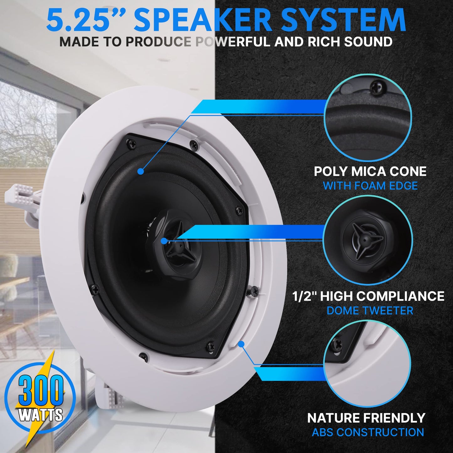 Pyle Ceiling and Wall Mount Speaker -5.25” 2-Way 70V Audio Stereo Sound Subwoofer Sound with Dome Tweeter, 300 Watts,In-Wall & In-Ceiling Flush Design for Home Surround System - Pyle PDIC53T (White)