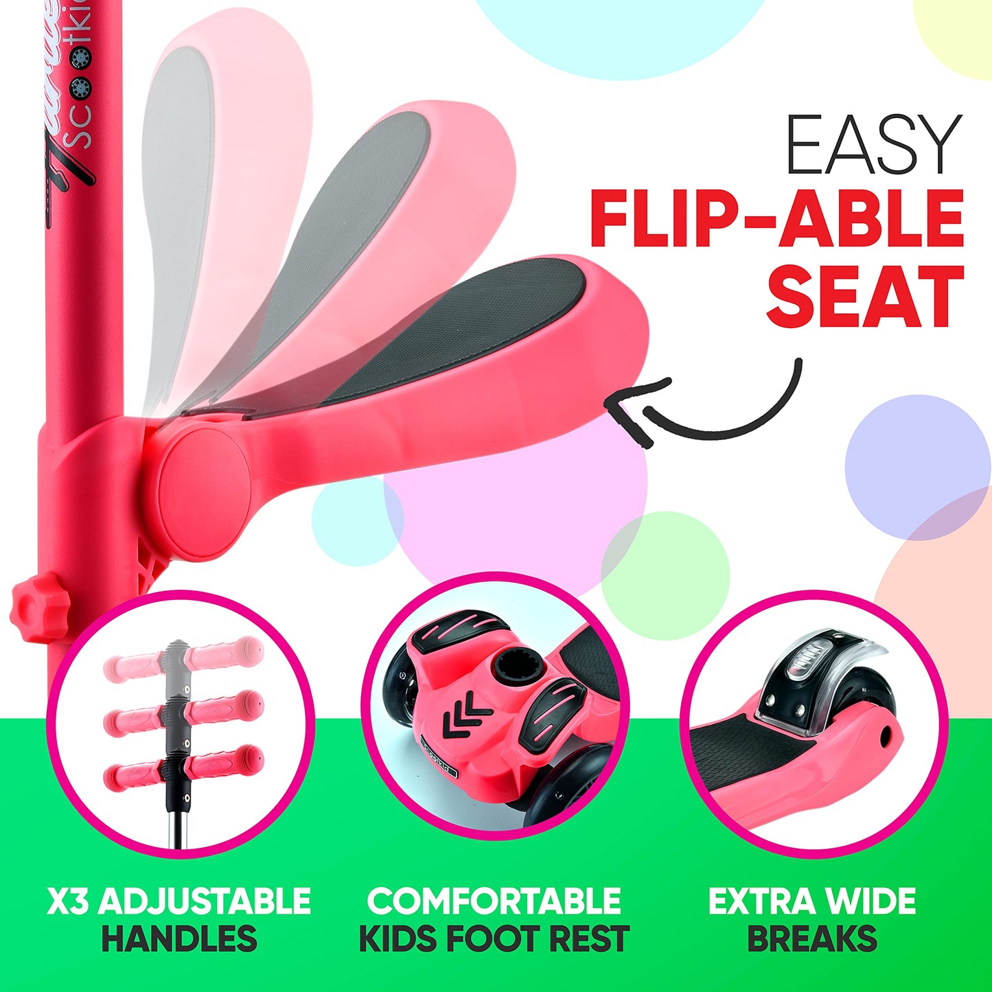 Hurtle Kids Scooter - Child Toddler Kick Scooter Toy with Foldable Seat - 3 Wheel Scooter with Adjustable Height, Anti-Slip Deck, Flashing Wheel Lights, for Boys/Girls 1-12 Year Old, Watermelon