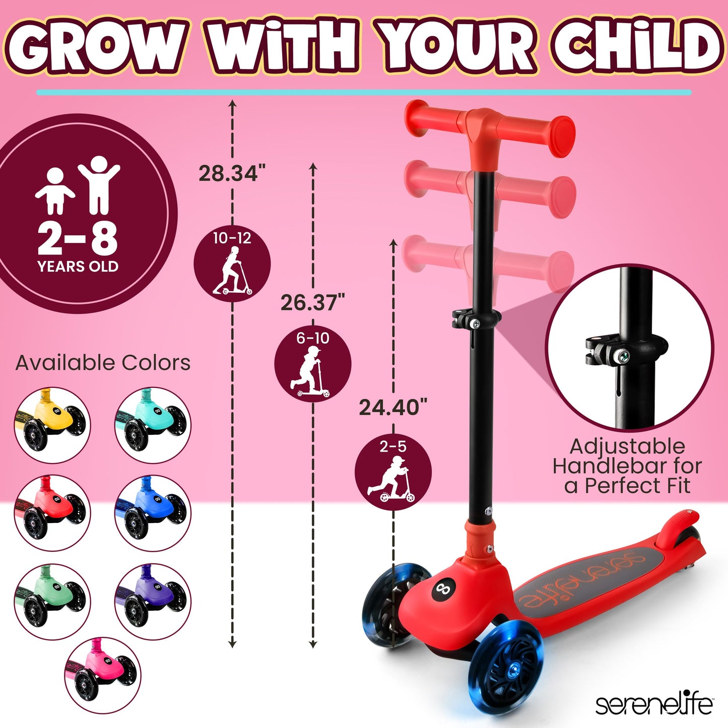 SereneLife 3-Wheel Foldable Kids Scooter – LED Wheel Lights, Adjustable Handlebar, Rear Foot Brake, Lean-to-Steer, Anti-Slip Deck – Ideal for Toddlers & Kids 3+, up to 110 lbs