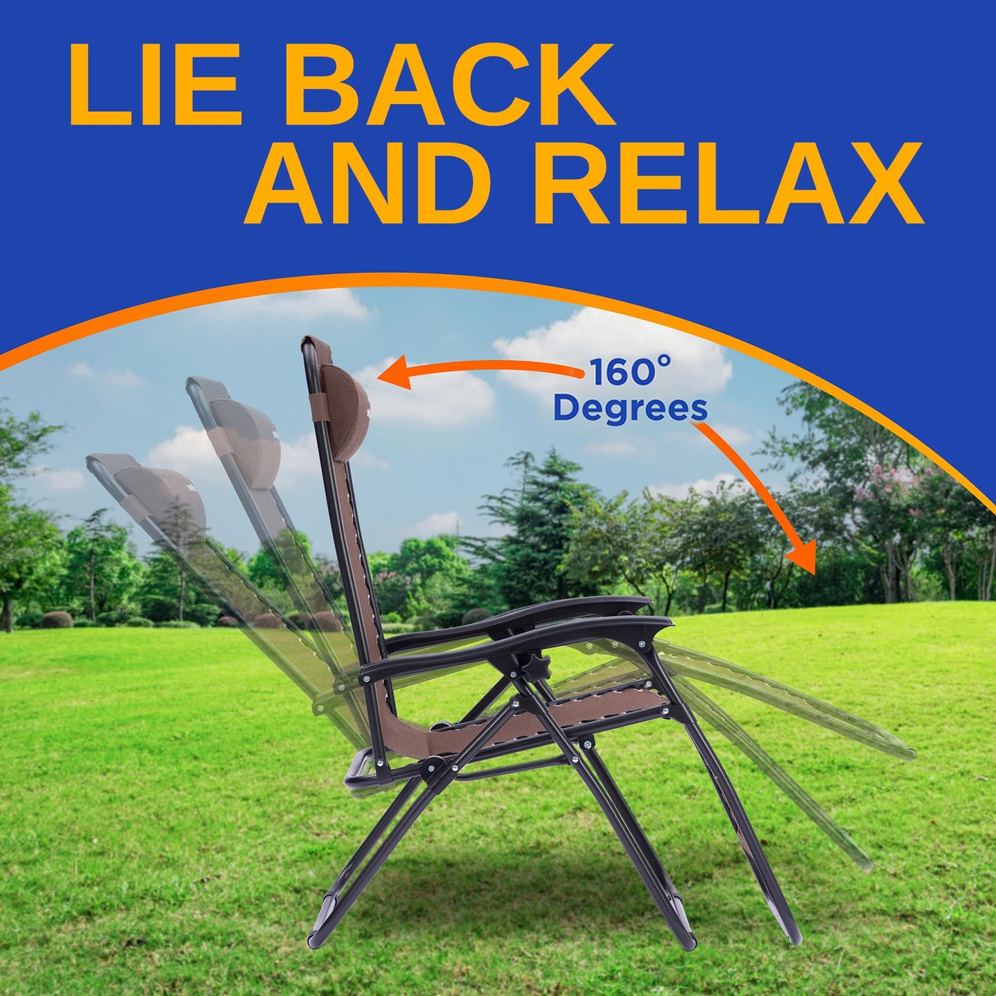 SereneLife Outdoor Zero Gravity Recliner Set with Table – 2-Pack Adjustable Lounge Seats with Headrest Pillow, Cup Holders – Foldable for Lawn, Patio, Camping – Brown