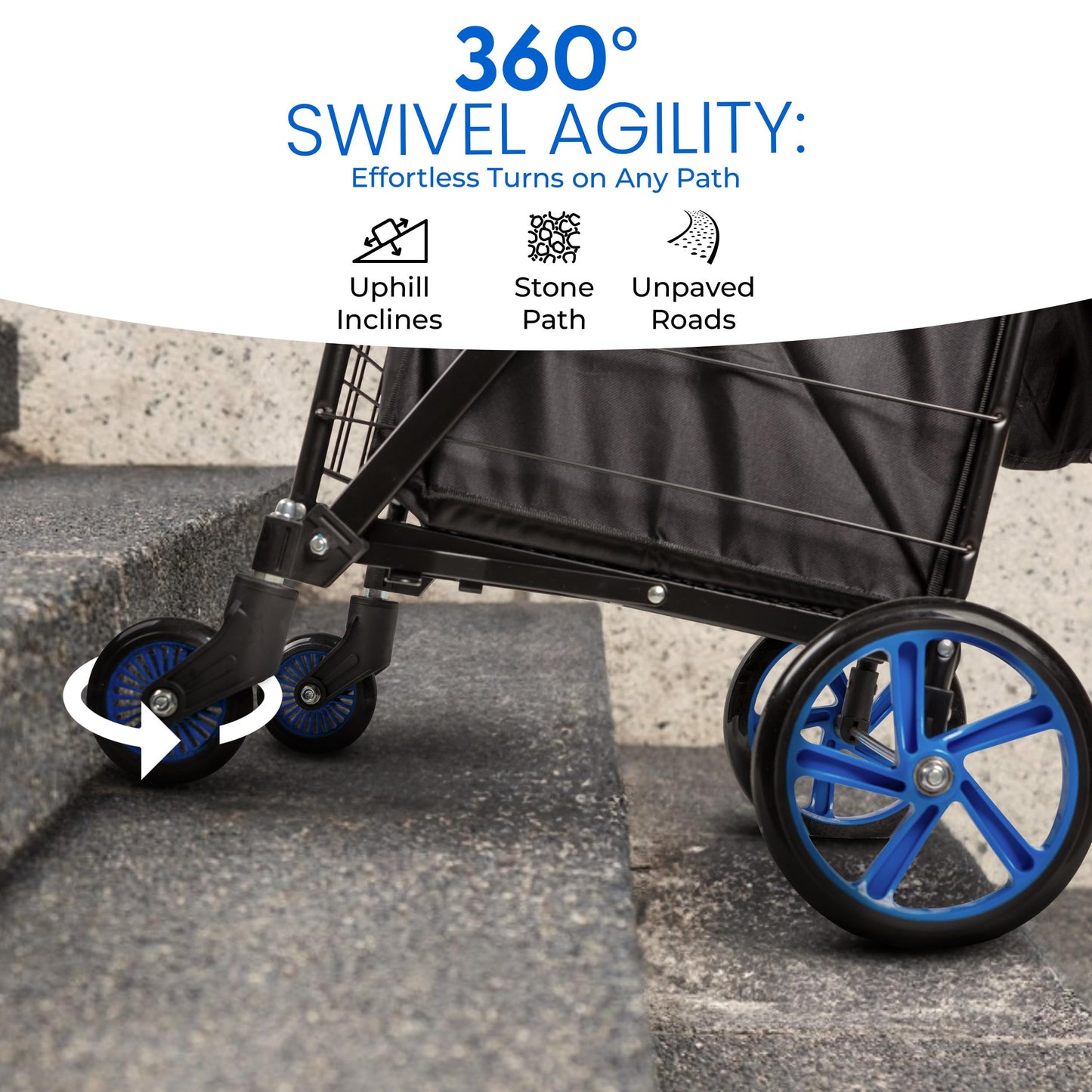 SereneLife Small Compact Folding Shopping Cart with Removable Waterproof Liner – 360° Swivel Wheels, Rust‑Proof Steel Frame, 70 lb Capacity – Portable Grocery, Laundry & Travel Cart (Blue)