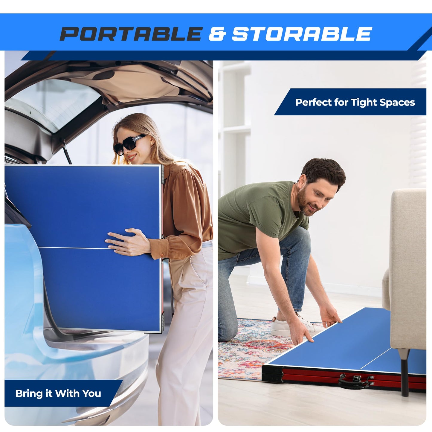 SereneLife Midsize Portable Ping Pong Table Set with Net, Clipper, Post - 6’ x 3’ Foldable Space-Saving Design, Blue