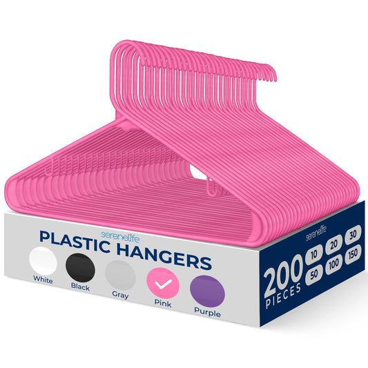 SereneLife 200 Pack Plastic Hangers, Non-Slip, Space-Saving Closet Organizers, Durable and Strong for Shirts, Sweaters, Hoodies, Kids Clothes & Dresses, Ultra-Thin, Lightweight
