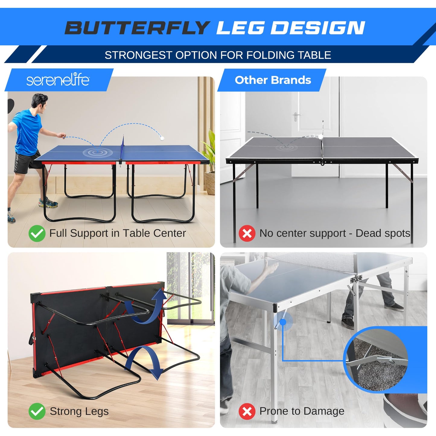SereneLife Midsize Portable Ping Pong Table Set with Net, Clipper, Post - 6’ x 3’ Foldable Space-Saving Design, Blue