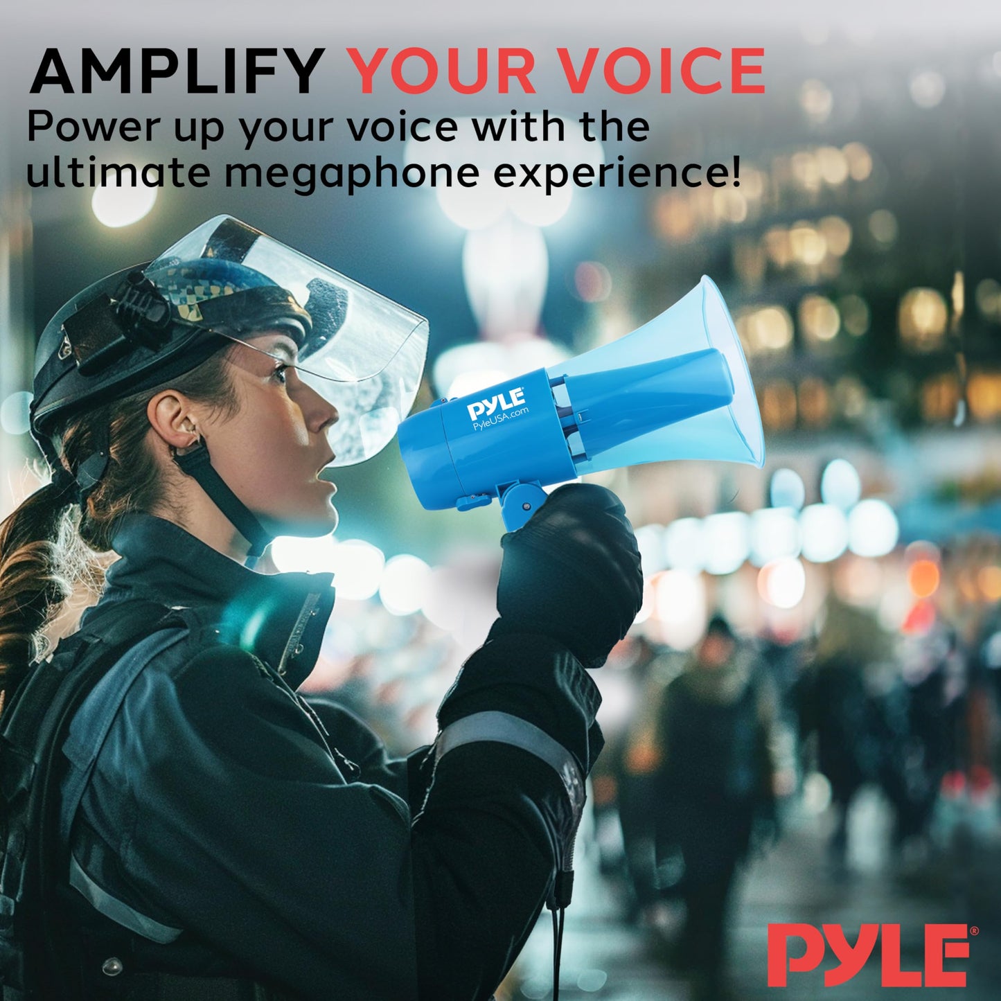 Pyle 30W Megaphone Siren Bullhorn Speaker, Rechargable, Portable and Lightweight Automatic Bullhorn for Indoor & Outdoor Use, 500 Square Yards Projection Range, Used as Siren/Music (Transparent Blue)