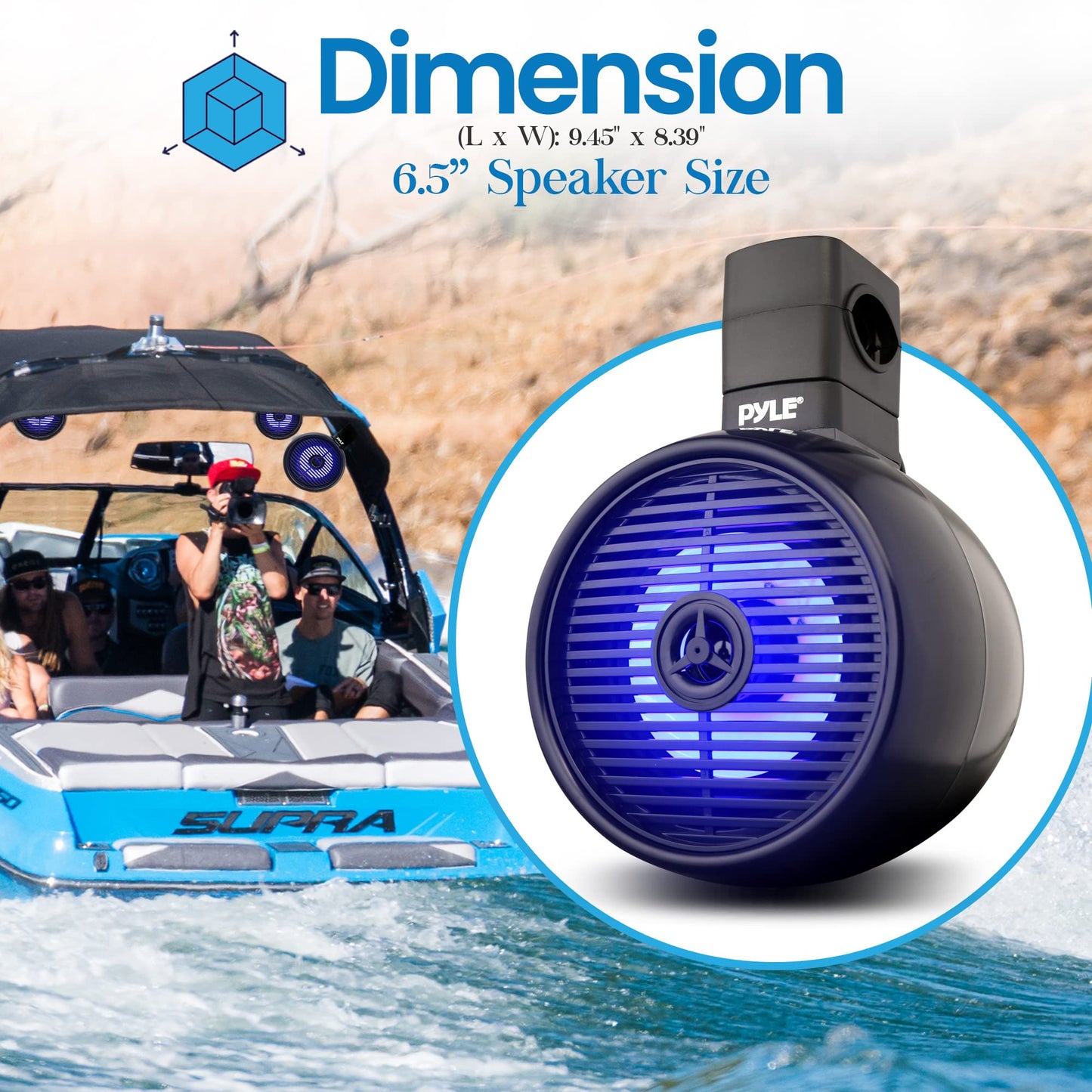 PyleUsa 6.5” Waterproof Off-Road Speakers - 200W 2-Way Marine Wakeboard Tower Sound System w/ LED Light, Full Range Outdoor Stereo Speaker for Car, ATV, UTV, Jeep, Boat, Includes Brackets (Black)
