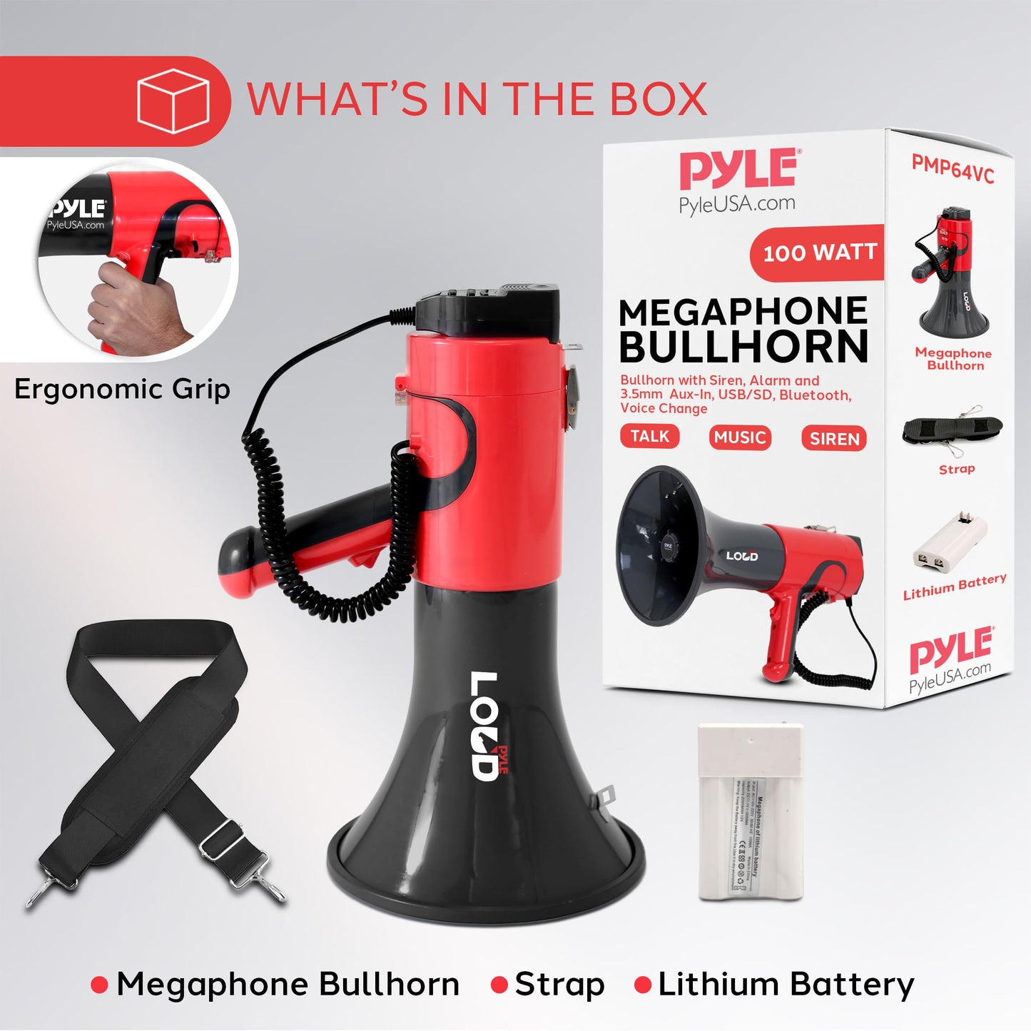 Pyle Portable Megaphone Bullhorn - Bluetooth Compatible PA Speaker with Built-in Voice Changer, 1500 Yard Range, Siren, 100W Adjustable Vol Control, Loudspeaker for Outdoor Sports & Safety Drills