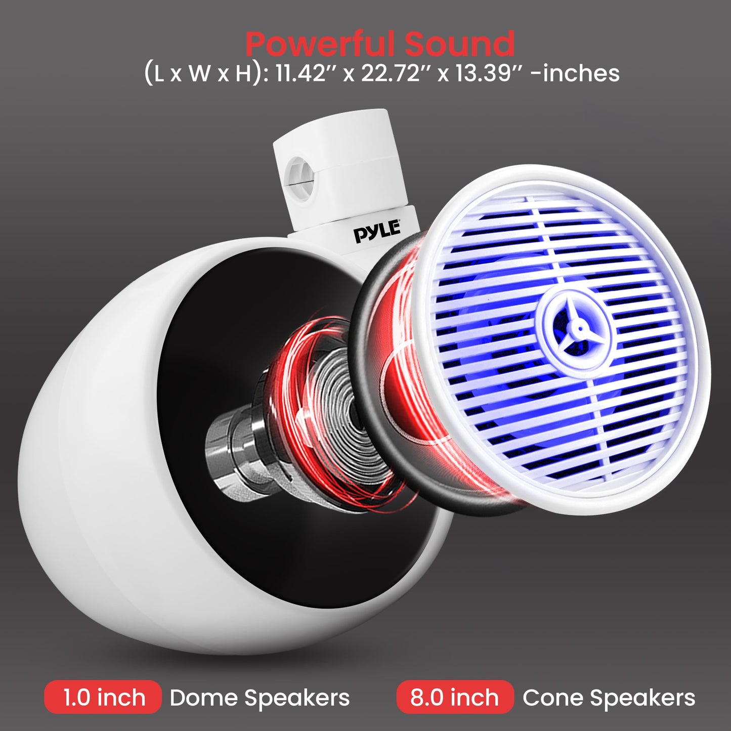 Pyle Dual Bluetooth Off-Road Speakers - 8” 300W 2-Way Marine Waterproof Wakeboard Tower Sound System w/LED Light, Full Range Outdoor Stereo Speaker for Car ATV Jeep Boat, Includes Brackets (White)