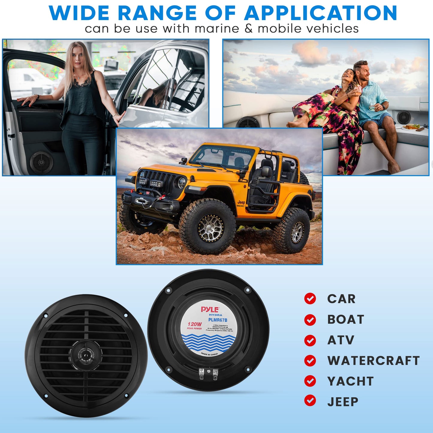 Pyle 6.5 Inch Dual Marine Speakers - 2 Way Waterproof and Weather Resistant Outdoor Audio Stereo Sound System with 120 Watt Power, Polypropylene Cone and Cloth Surround - 1 Pair - PLMR67B (Black)