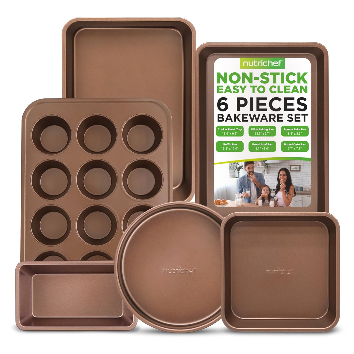 NutriChef 6-Piece Nonstick Bakeware Set, Carbon Steel Baking Pans, Includes Cookie Trays, Wide & Square Bake Pan, Bread Loaf & Round Cake Pan, Muffin Pan - Gold