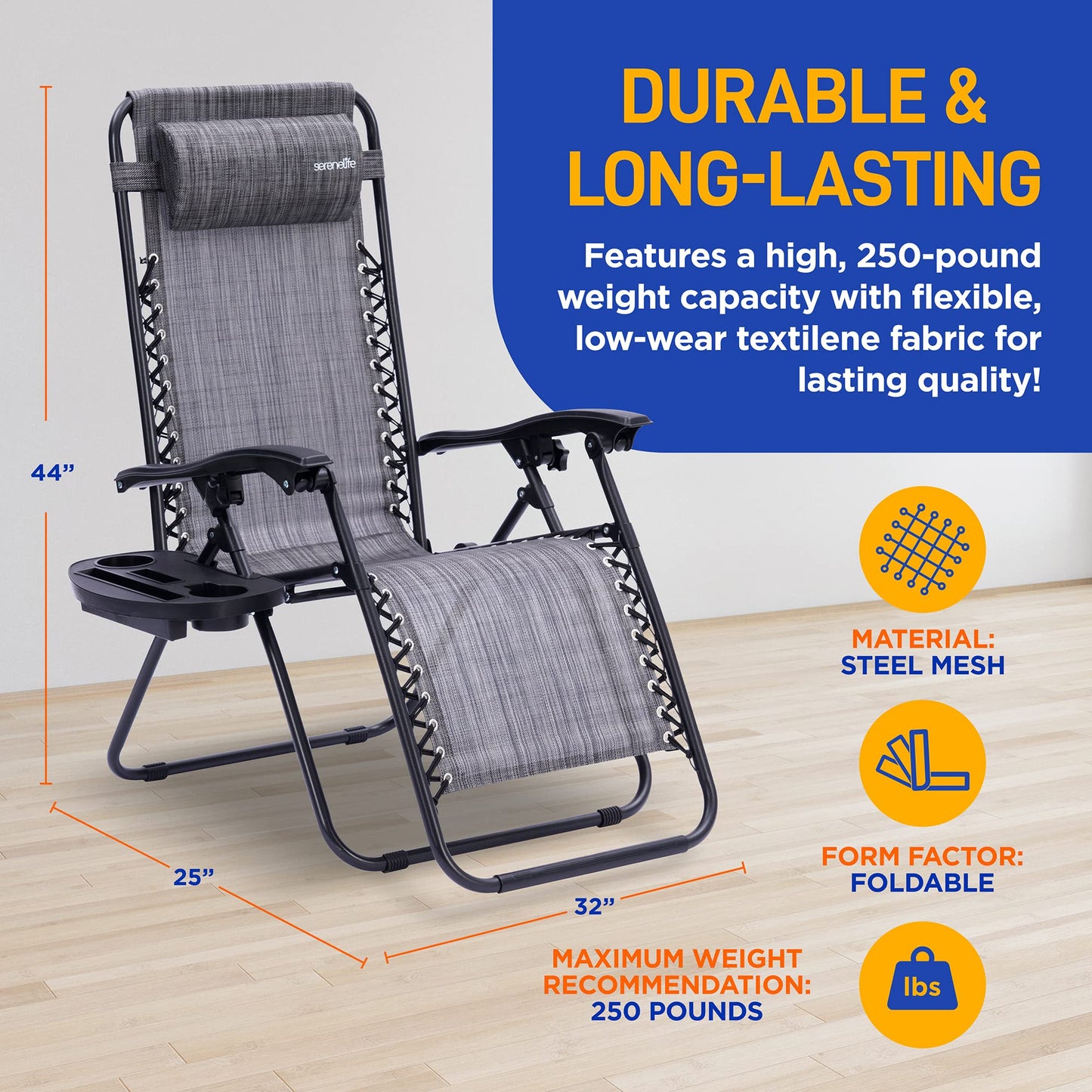 SereneLife Zero Gravity Chairs Set of 2 - Adjustable Steel Mesh Lawn Chairs - Outdoor Lounge Chairs with Detachable Cup Holder Tray - Foldable Outdoor Chair with Removable Pillows - Grey
