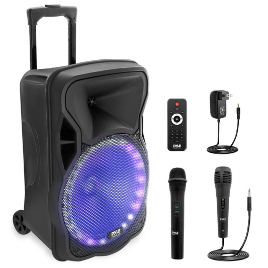 PyleUsa Portable Bluetooth PA Speaker-300W 12” Rechargeable Indoor/Outdoor BT Karaoke Audio System - LED Display, FM/AUX/MP3/USB/SD,1/4" in, Handle, Wheels-Wireless & Wired Mic, Remote Control