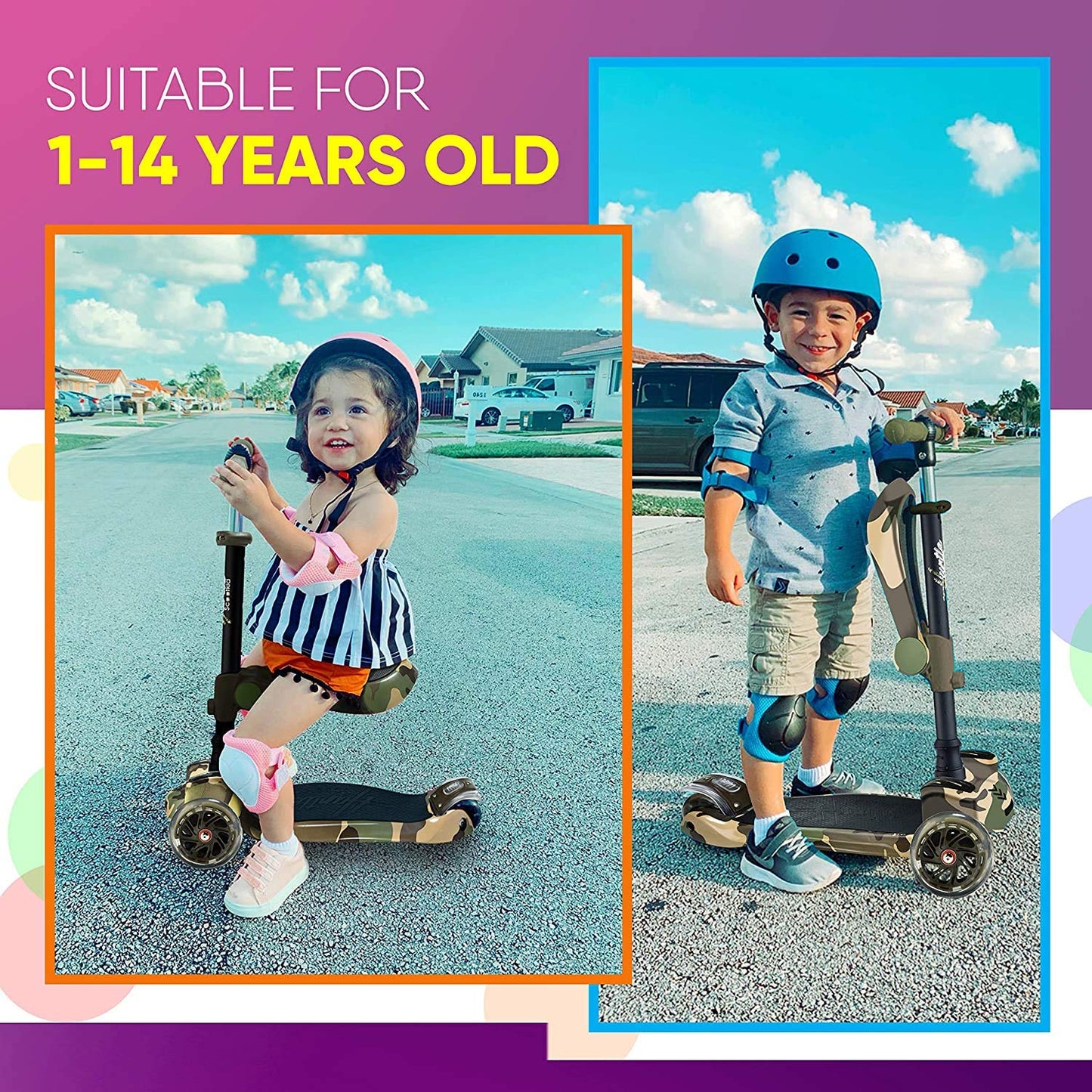 Hurtle Kids Scooter - Child Toddler Kick Scooter Toy with Foldable Seat - 3 Wheel Scooter with Adjustable Height, Anti-Slip Deck, Flashing Wheel Lights, for Boys/Girls 1-12 Year Old, Camouflage