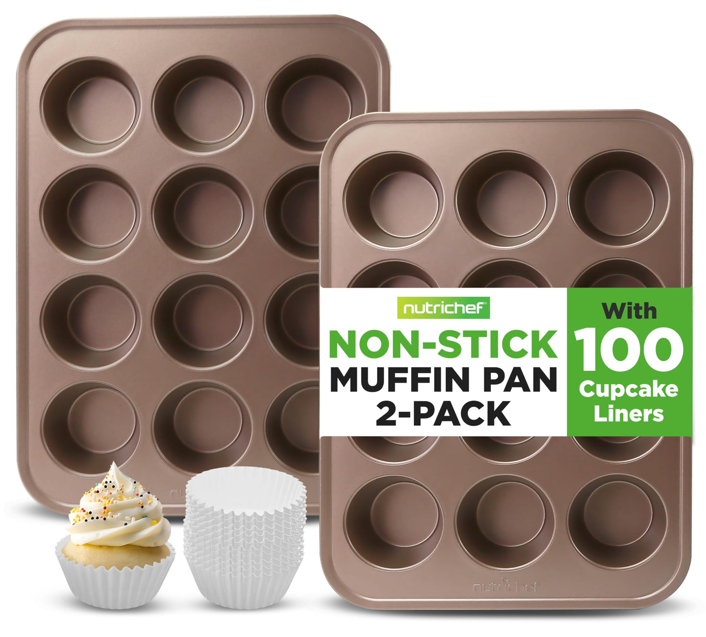 NutriChef 12 Cup Nonstick Muffin Pans for Cupcakes, 2-Piece Cupcake Mould, Non-Toxic Carbon Steel Stackable Cup Cake Tray, Dishwasher Safe, Easy Release, Easy clean - Gold