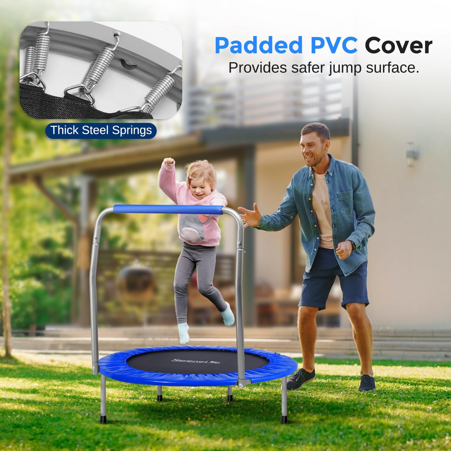 SereneLife 36" Mini Foldable Toddler Trampoline with Handle Bar, Rebounder Trampoline for Kids, Indoor/Garden Fitness & Play, Exercise Fun, Supports 220 lbs, Deep Blue