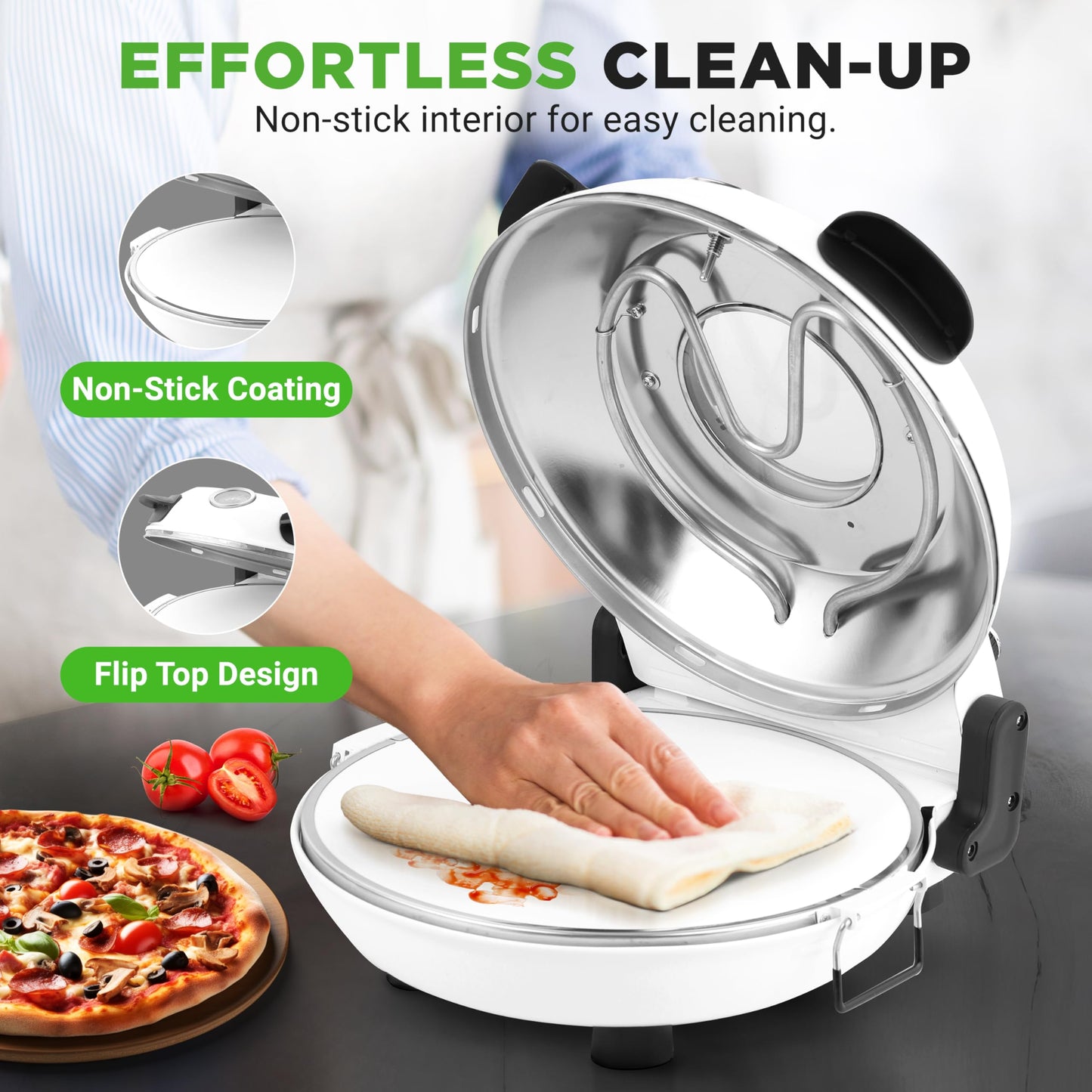 NutriChef Electric Pizza Oven | 12 Inch Countertop Pizza Maker with Temperature Control & Thermometer | Viewing Window for Precise Cooking | Heats up to 800F | Easy to Clean Non-Stick Stone | White