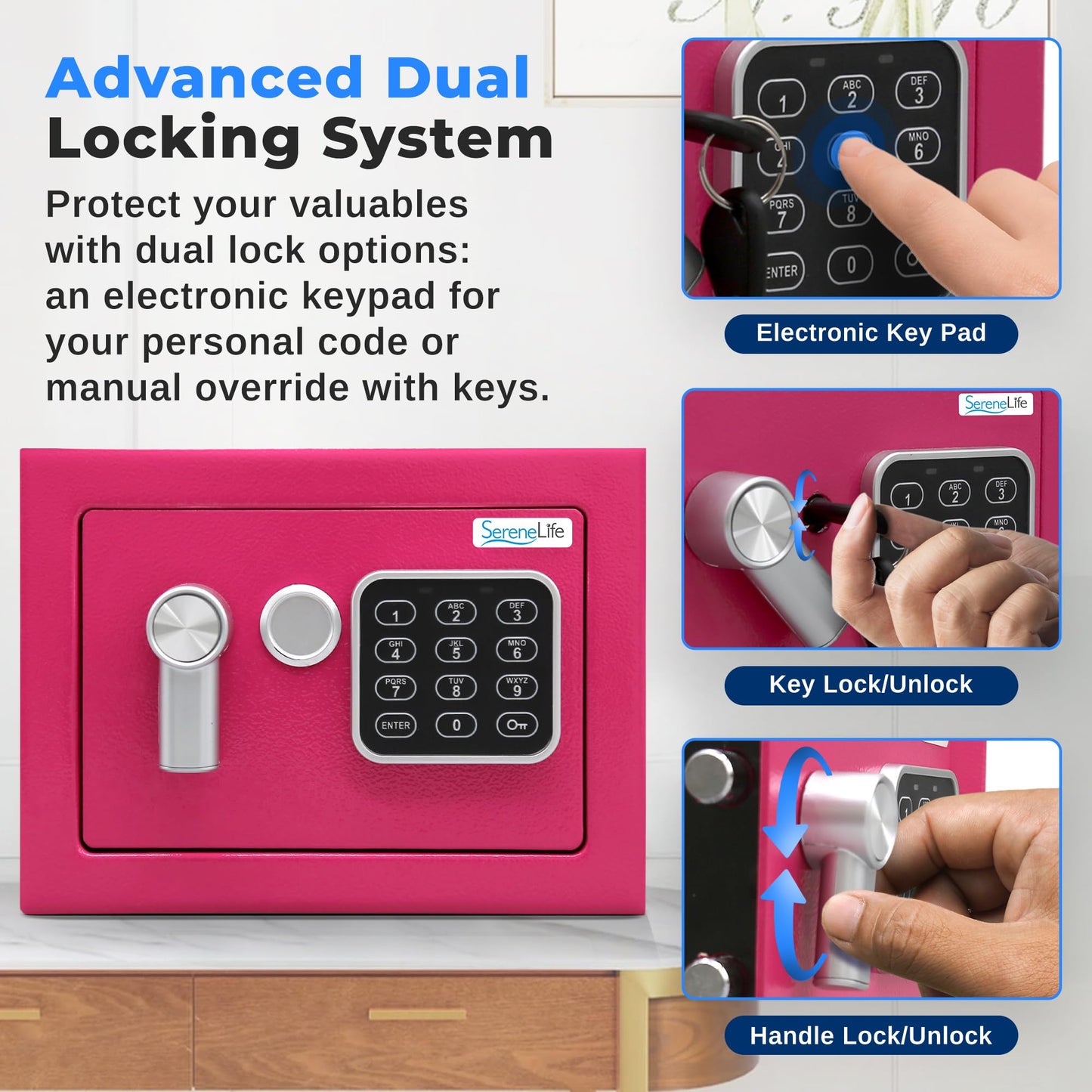 SereneLife Heavy Duty Electronic Safe Box | 9.1 x 6.7' Digital Lockbox with Code 2 Keys | Small Safe for Home/Office, Secure Cash, Jewelry, Firearms | Wall/Floor Mountable